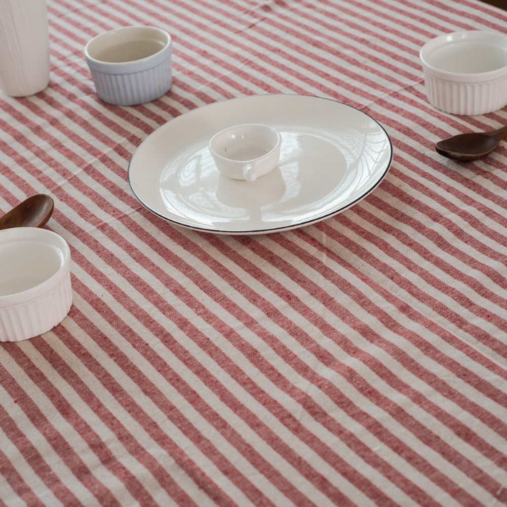 meioro Tablecloths Striped Tassel Table Cloth Rectangular Tablecloth Cotton Linen Table Cover Suitable for Home Kitchen Decoration (Red/White Stripes - Image 3