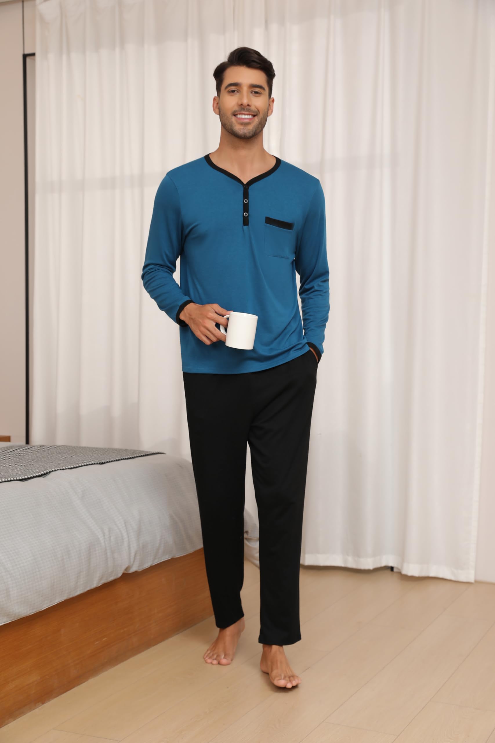 Pigiami Due Pezzi Uomo Maglia Maniche Lunghe + Pantaloni, Pigiami e Abbigliamento da Notte