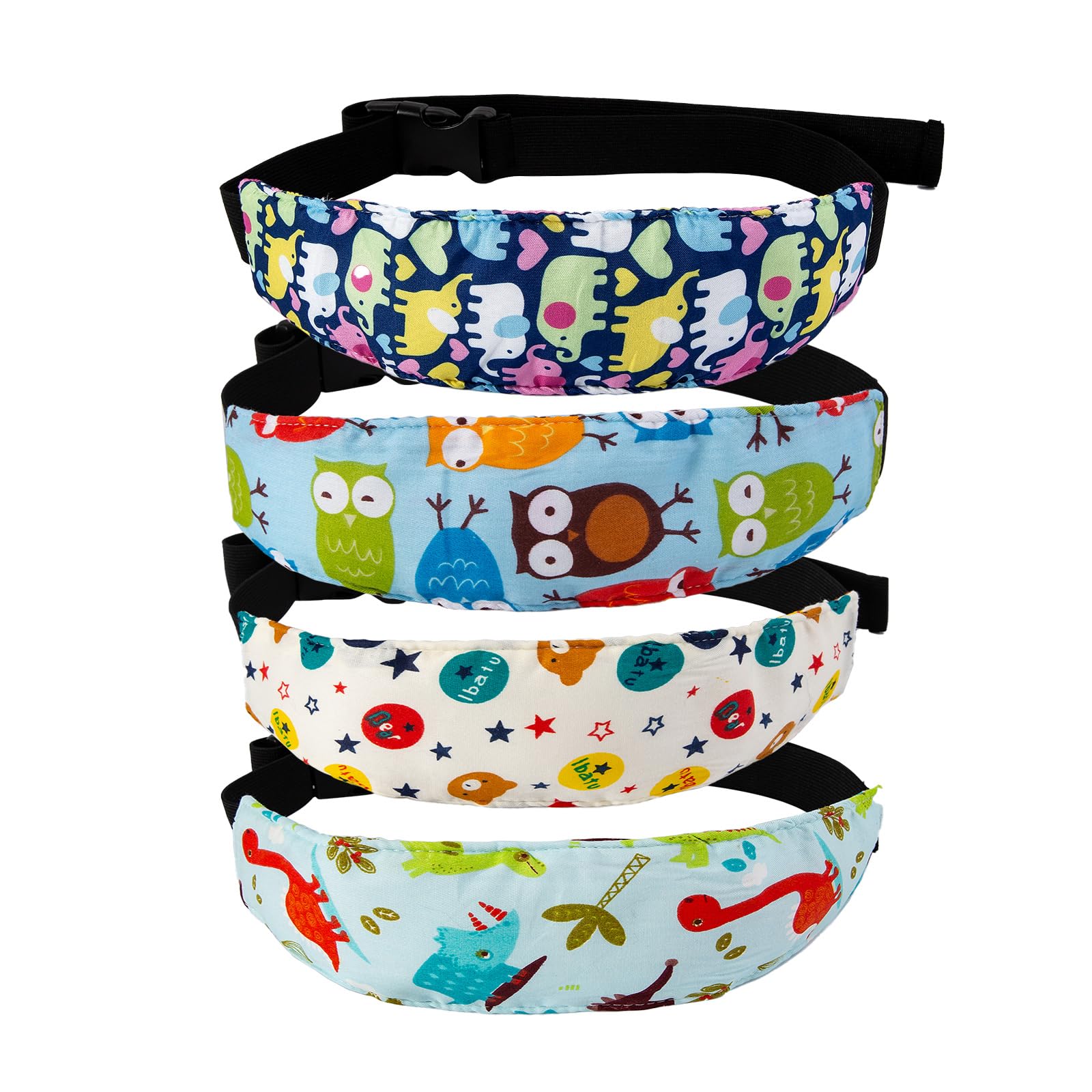 WEESTAAMO 4 Pcs Baby Car Seat Head Support Strap, Cotton Toddler Headrest Band, Adjustable Neck Relief Headband for Sleep & Travel (4 Patterns)