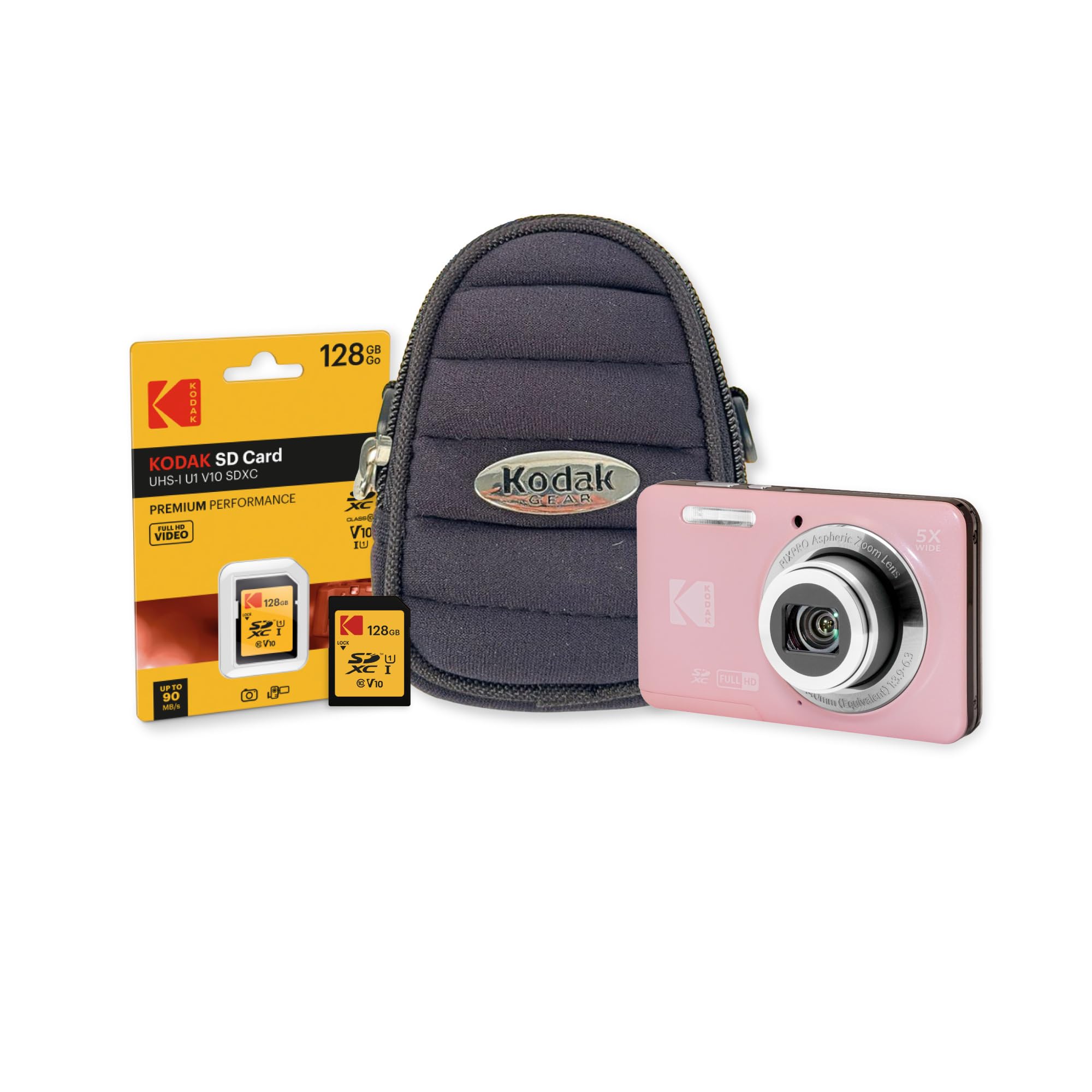 KODAK PixPro FZ55 Friendly Zoom Pastel Pink 16MP Full HD Digital Camera Bundle with High-Speed 128GB SD Card and Small Pouch Black Case (3 Items)