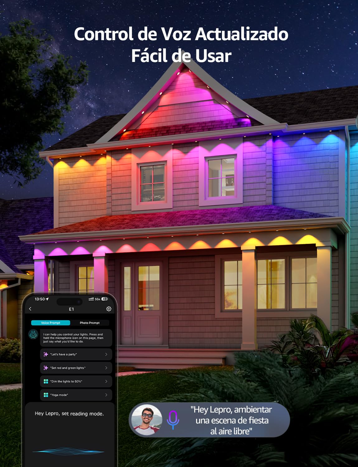 Lepro E1 Exteriores Inteligentes para Aleros, 30m 60 LEDs, Luces Ajustable | AI Permanent Outdoor Lights, IP65, RGB IC & Diseñador de Iluminación AI Personalizado, Compatible con Alexa/Google Assistant