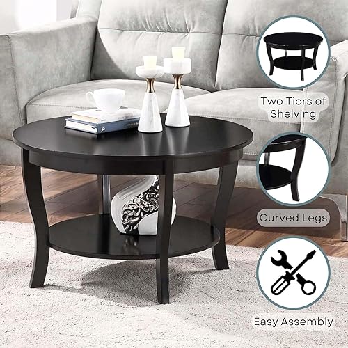 Miniatura 14 de Global Greatness - Mesa auxiliar redonda con estante, acabado de madera, mesa de estilo clásico de transición, estantería espaciosa de dos niveles,