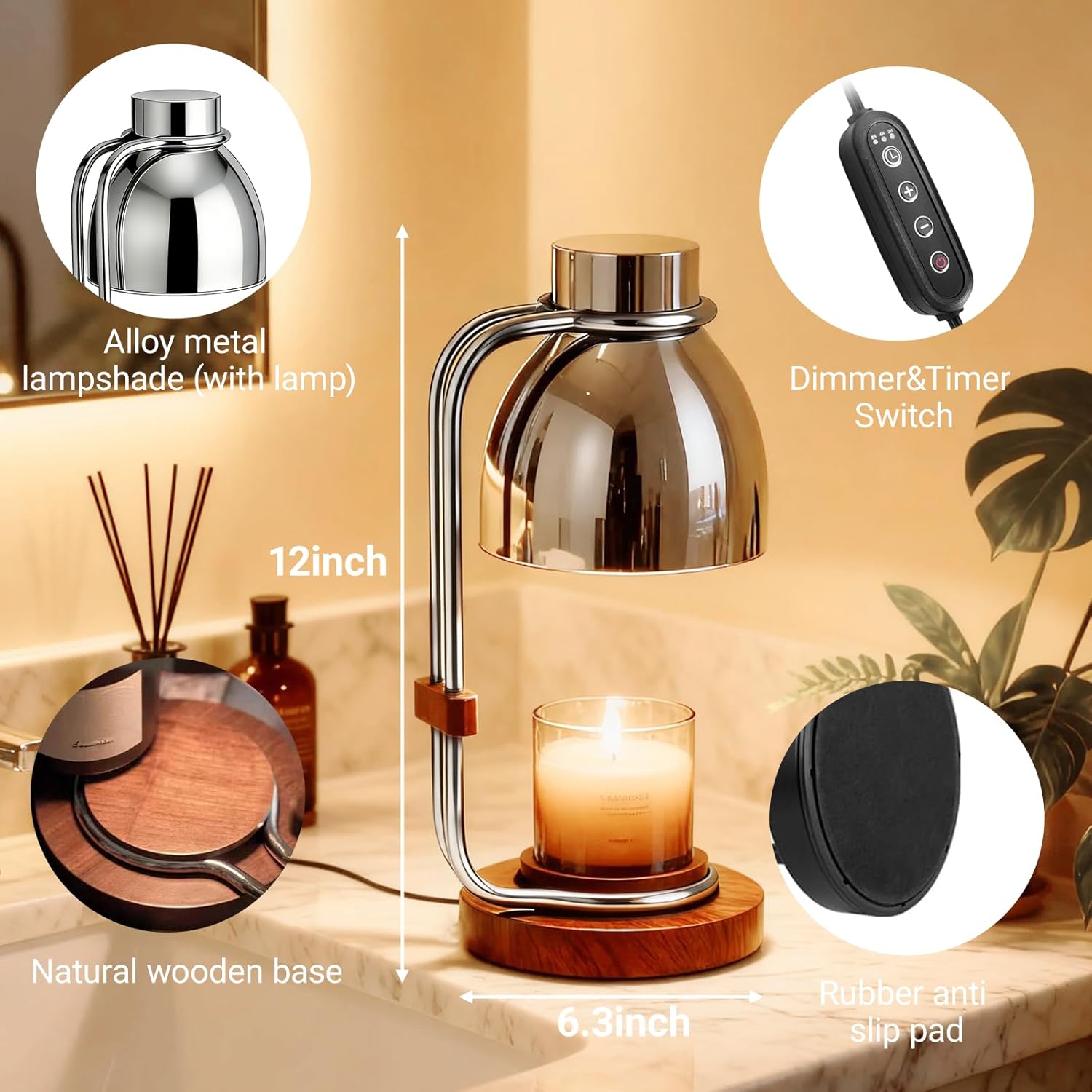 Candle Warmer Lamp with Timer,Dimmable Electric Candle Warmers,Elegant Home Decor Warming Heater As Birthday Gifts for Women Mom Jar Candle Lovers,Friends Use in Bedroom (Chrome)