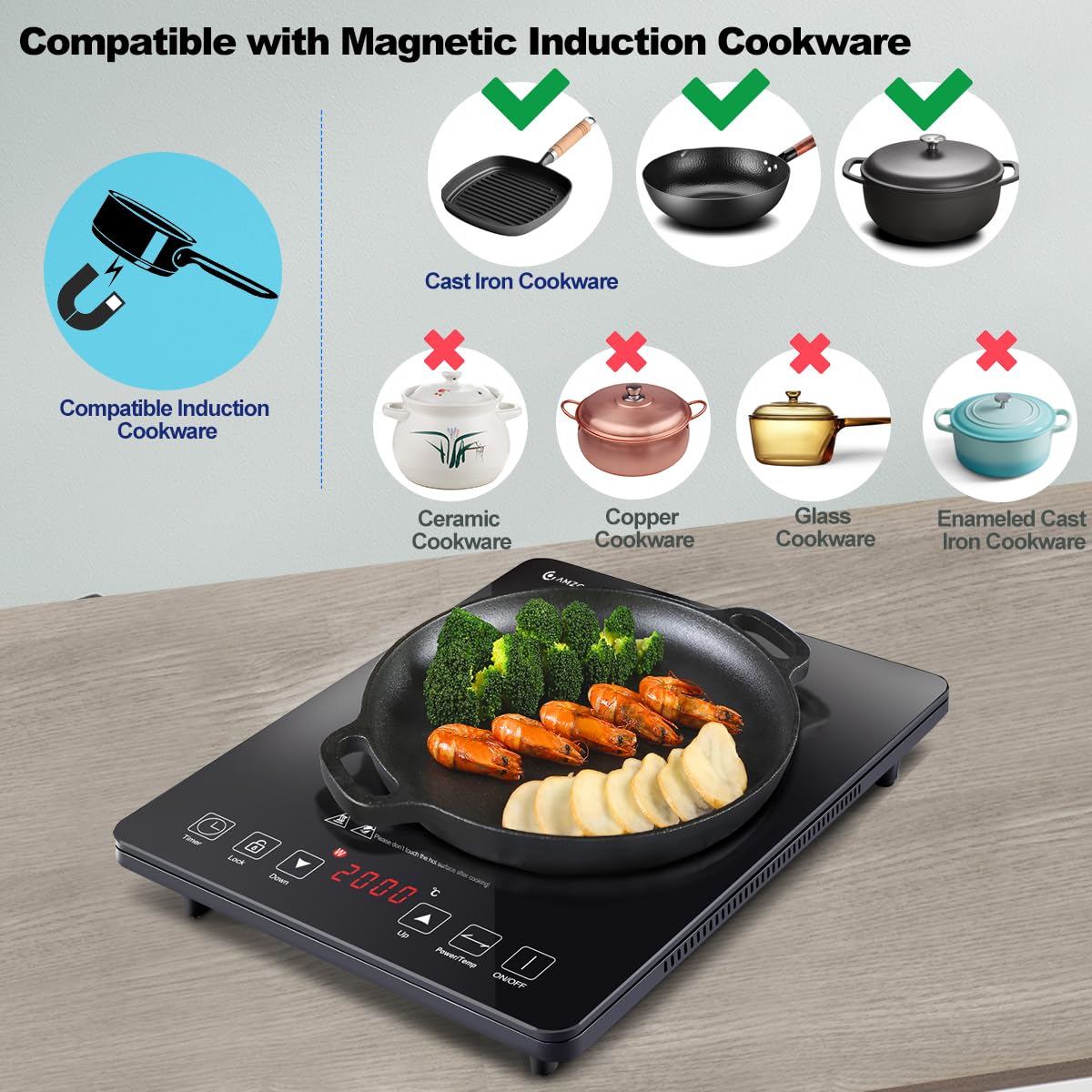 Piastra a Induzione Singolo AMZCHEF, da 2000 W con design sottile, 20 livelli di potenza, temperatura, controllo sensore tattile, timer, nero