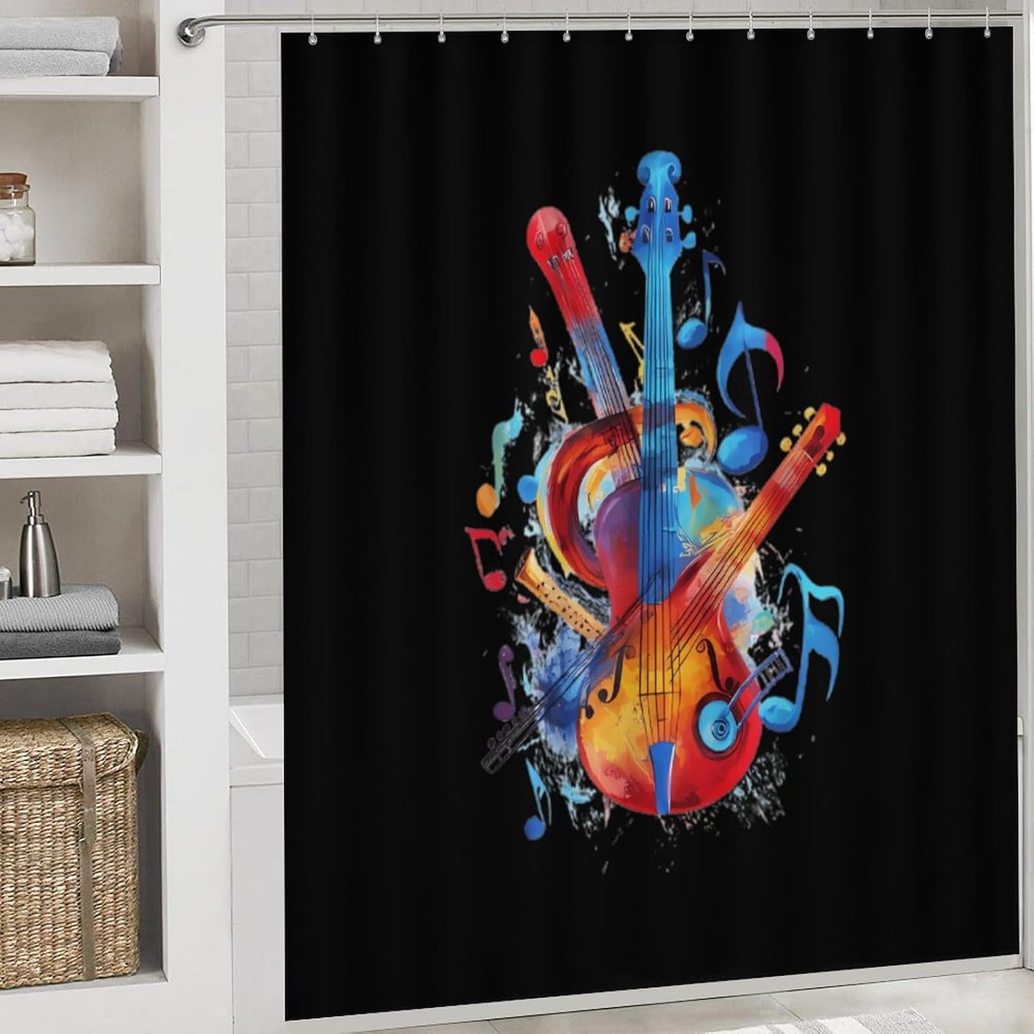 Musical Notes Violin Instruments Modern Bathroom Sets with Shower Curtain and Rugs Decor 4 Pcs with 12 Hooks