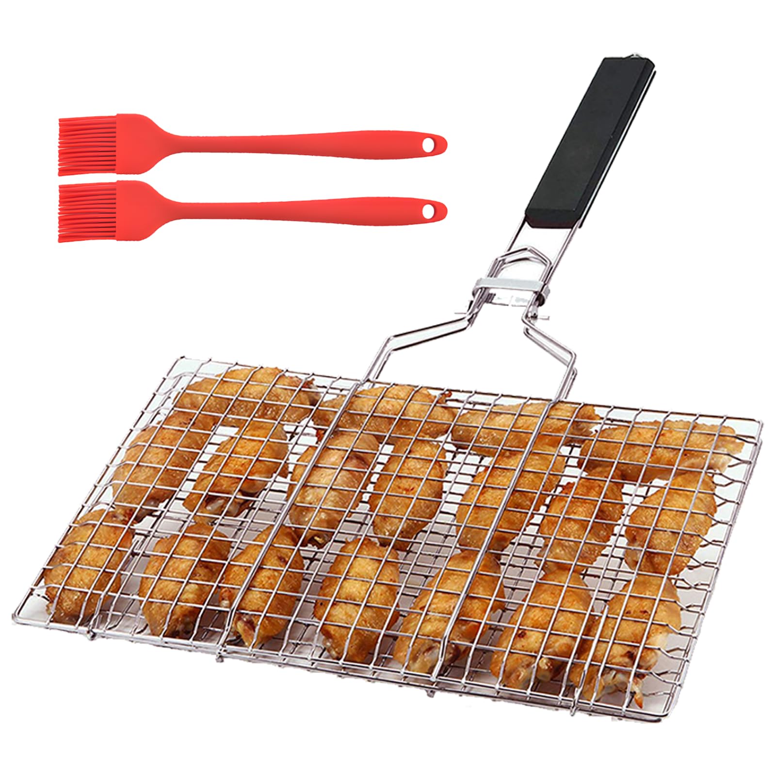 Panier Barbecue avec Poignée Amovible & 2 Brosses Silicone, Grille Poisson Pliable Acier Inoxydable, Accessoires Griller Portable pour Steak, Crevettes, Légumes, Viande (32 x 21.5cm)