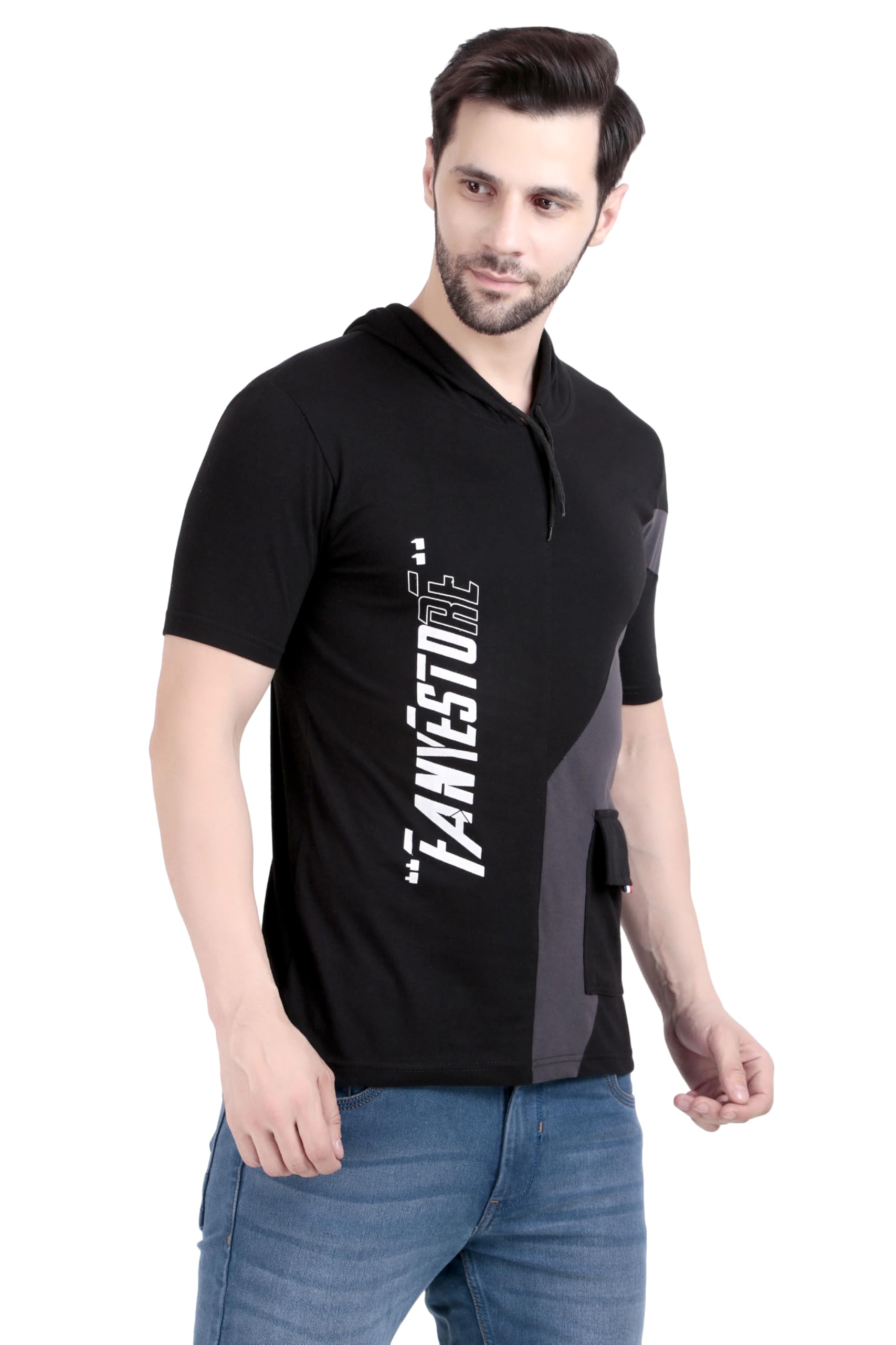 Men's Short Sleeve Hooded T-Shirt, Black and White, Athletic Style-picture-17