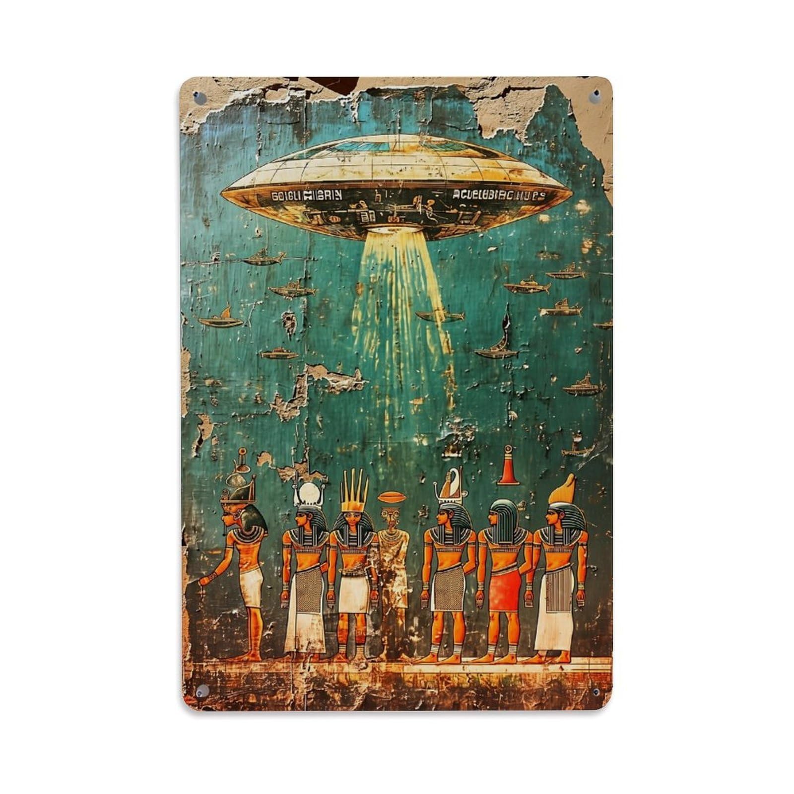 Jdfenggu Vintage Ancient Egyptians Watching Ufo Landing Retro Metal Tin Sign, Metal Poster For Bar, Home, Man Cave, Kitchen, Laundry Room Art Decor 8X12 Inch