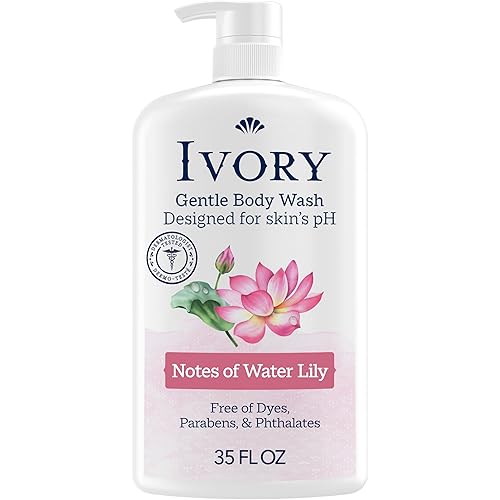 Ivory Body Wash, Designed for the Whole Family, Gentle Formula, Free of Dyes Heavy Perfumes Parabens Phthalates & Silicones, Designed for Skin's pH, Water Lily Scent, 35 oz