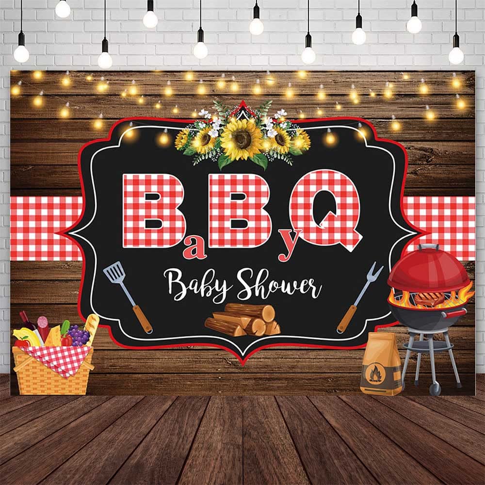 AIBIIN 7x5ft BBQ Baby Shower Backdrop Country Rustic Sunflower Baby Shower Party Decorations Glitter Lights Wood Newborn Birthday Baby Shower Party Banner Photo Booth Props