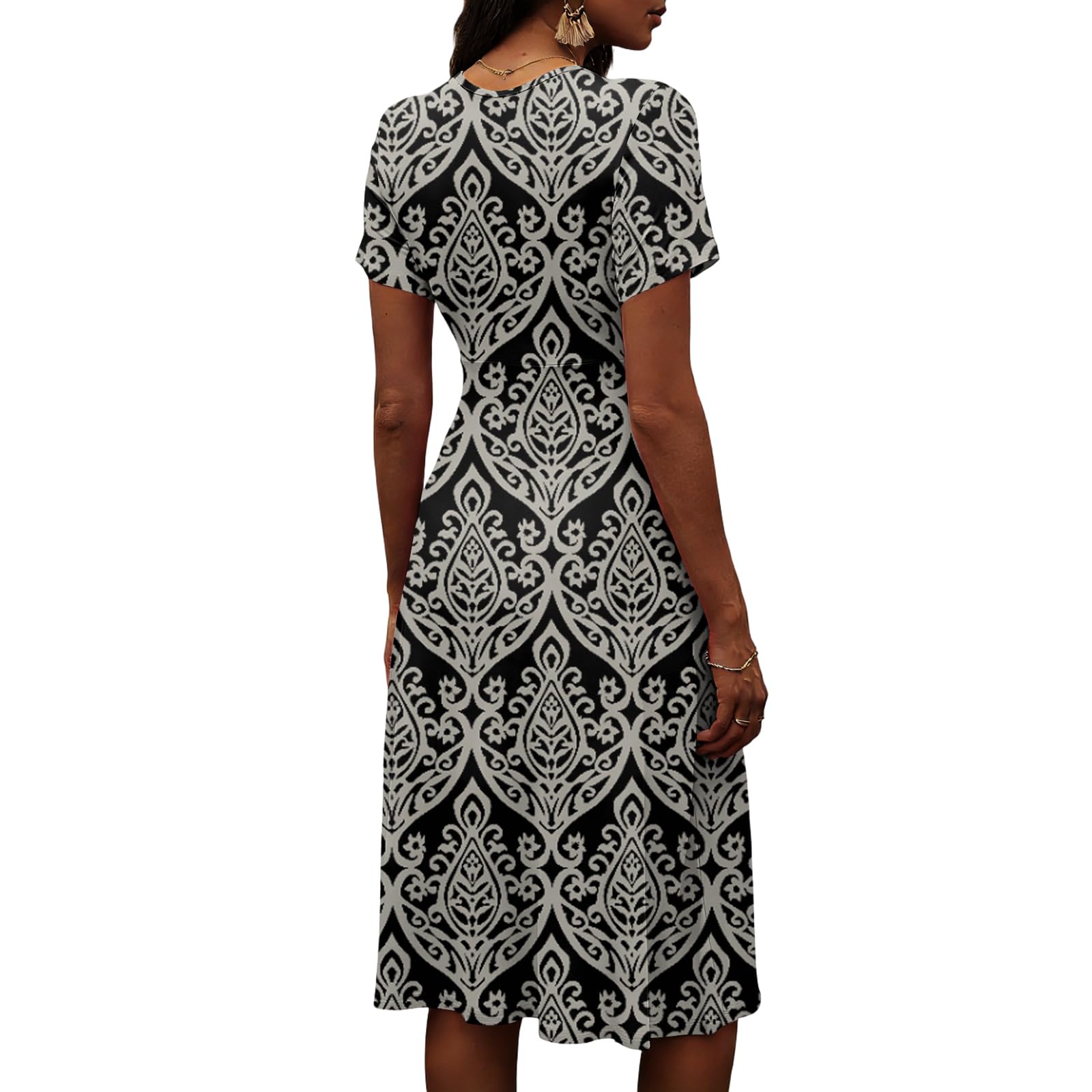 Robe Medievale Femme, Soiree Robes Midi Élégante À Imprimé Floral Col en V Manches Courtes Coupe Trapèze Fluide Idéale pour L'Été La Plage Ou Les Soirées Jeans Femmes