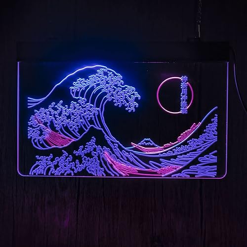 Miniatura 9 de MiMaik Letrero LED de neón The Great Wave Off Kanagawa, letrero japonés de Katsushika Hokusai clásico, arte de pared para habitación, letreros de