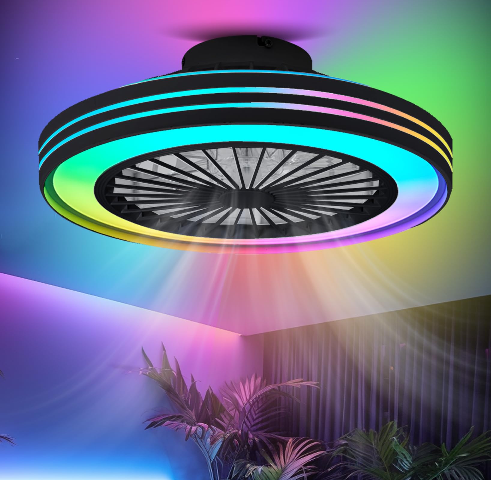 SXDMOUBK 48cm Round Ceiling Fans with Lights,Silent,Reversible,Fan Lights Ceiling for Bedroom,6 Speeds,RGB Ceiling Fan,Timer with Remote Control,Reversible Memory,Dimmable,Playrooms Children's Rooms