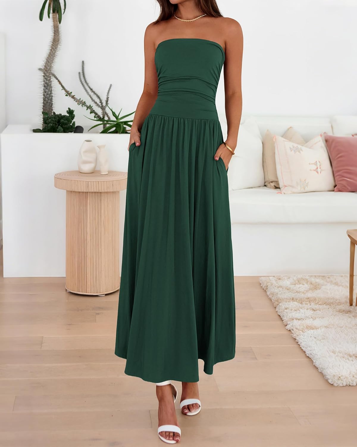 BTFBM Summer Maxi Dresses for Women 2026 Strapless Ruched Tube Top Beach Vacation Spring Wedding Guest Dress Pockets - Image 6