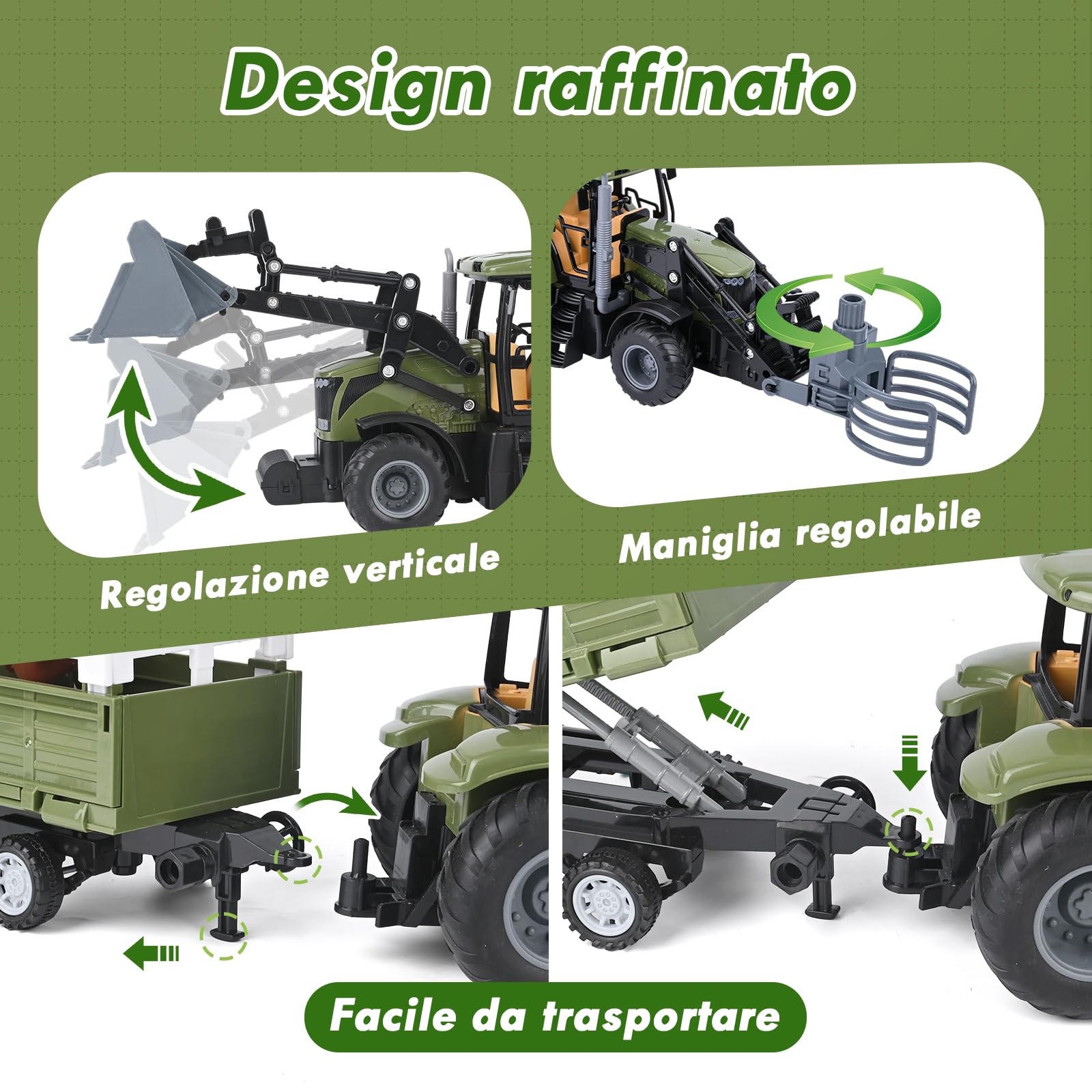 Trattore Telecomandato per Bambini, RC Trattore Telecomandato con Rimorchio, 2.4GHz Telecomando & App, 5x Fronte del Veicolo, Cavallo, Botte di Vino, Pagliaio, Giocattolo per Bambini da 3 Anni