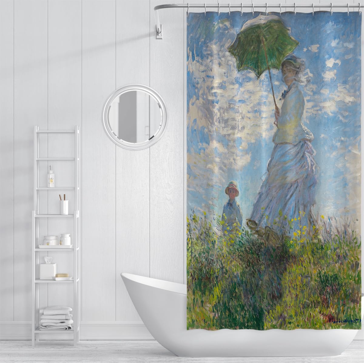 Famose tende doccia in stampa dipinta per il bagno 180x220cm | Tenda doccia in tessuto impermeabile lavabile con motivo donna e parasole, decorazione hotel di lusso