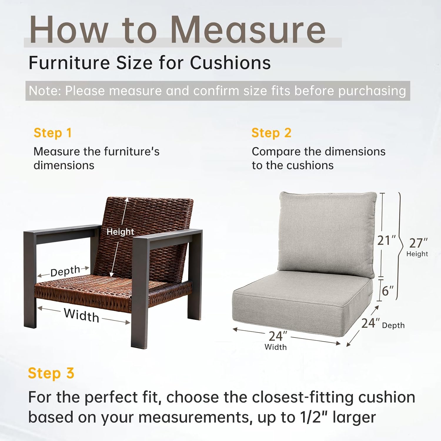 Belord Luxury 6" Thick Outdoor Cushion 5 Set - 24 x24 Inch 28D Sponge Filling Fade-Resistant Chair Cushion, Spill Proof Removable Patio Furniture Replacement Cushion for Sofa Bench Swing - Beige