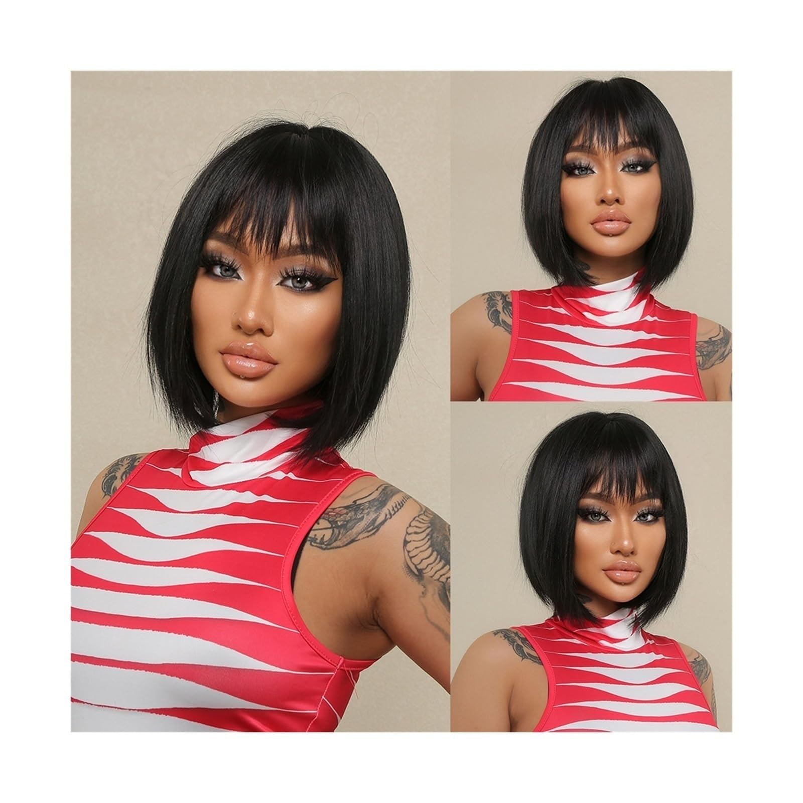 Perruque de cheveux naturels Bob noir avec frange thermorésistante - 7