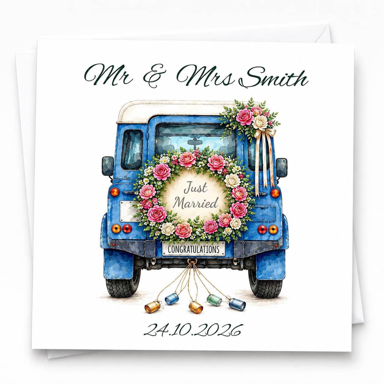 Yorkshire Village Designs Personalised Land Rover Wedding Card, Just Married Floral Wreath Design, 6 x 6 Inch, Blank Inside (Blue)