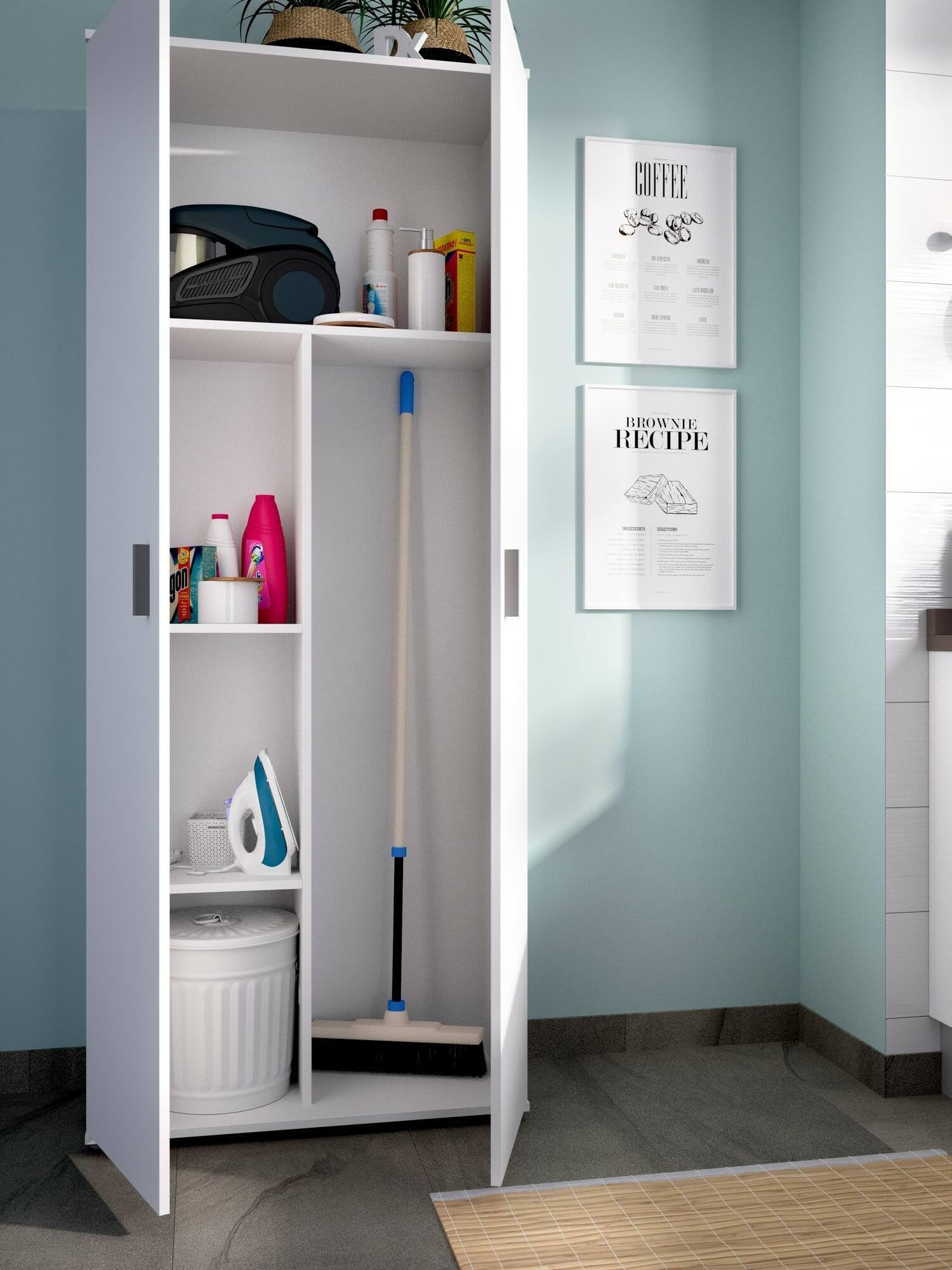 Dmora - Armadio multiuso 2 ante Forcola, Mobile multifunzione porta scope, Guardaroba porta scarpe, 78x35h190 cm, Bianco