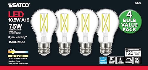 Miniatura 7 de Satco S12436 A19 - Paquete económico de 4 bombillas LED, reemplazo de 75 W, 2700 K, transparente, paquete de 4