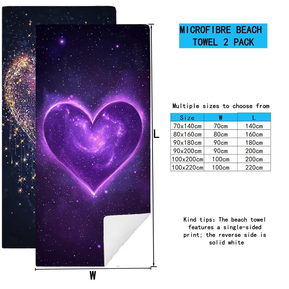 Strandtuch Mikrofaser Handtücher Groß 100x200cm 2er Set, Schnelltrocknend Saunahandtuch Fitness Handtuch Herz, Saugfähig Badetuch Sporthandtuch, Sandfrei Strandtuch XXL, Geschenke für Frauen -4198