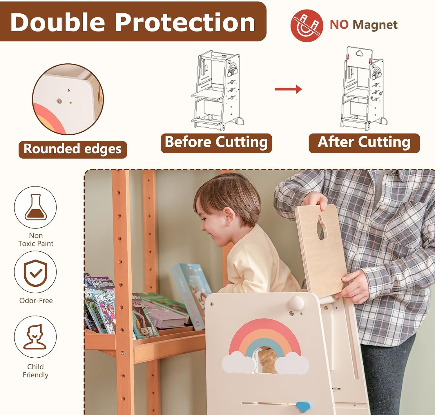 Foldable Toddler Tower for Kitchen Counter, Height Adjustable Wooden Montessori Learning Step Stool Helper with Safety Rail for Kids and Baby 18 Months to 5 Years