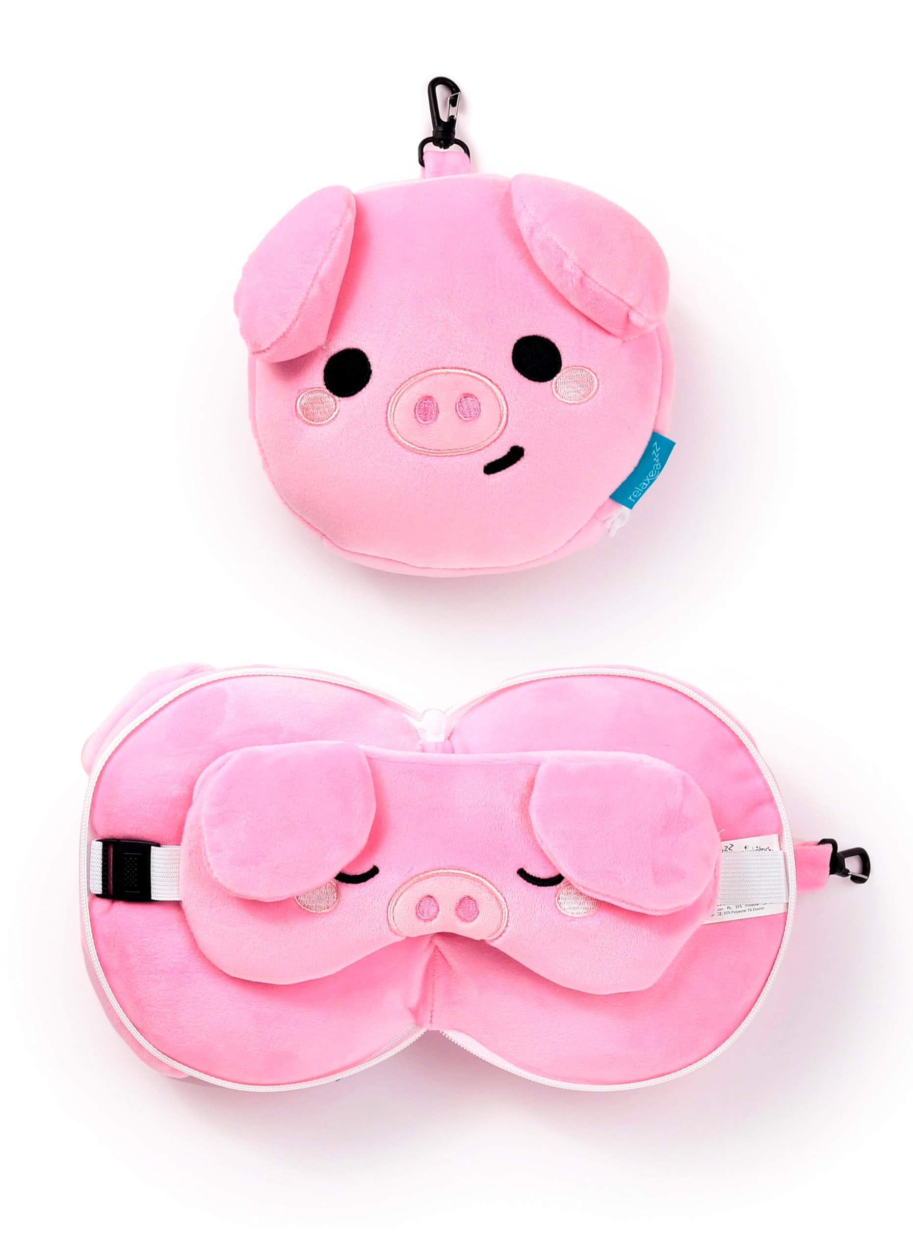 Puckator Relaxeazzz Adoramals Oliver the Pig Plush Travel Pillow & Eye Mask - Sleep Eye Mask Masks - Kids Travel Accessories For Sleeping Airplane - Flight Plane Neck Pillow Pillows