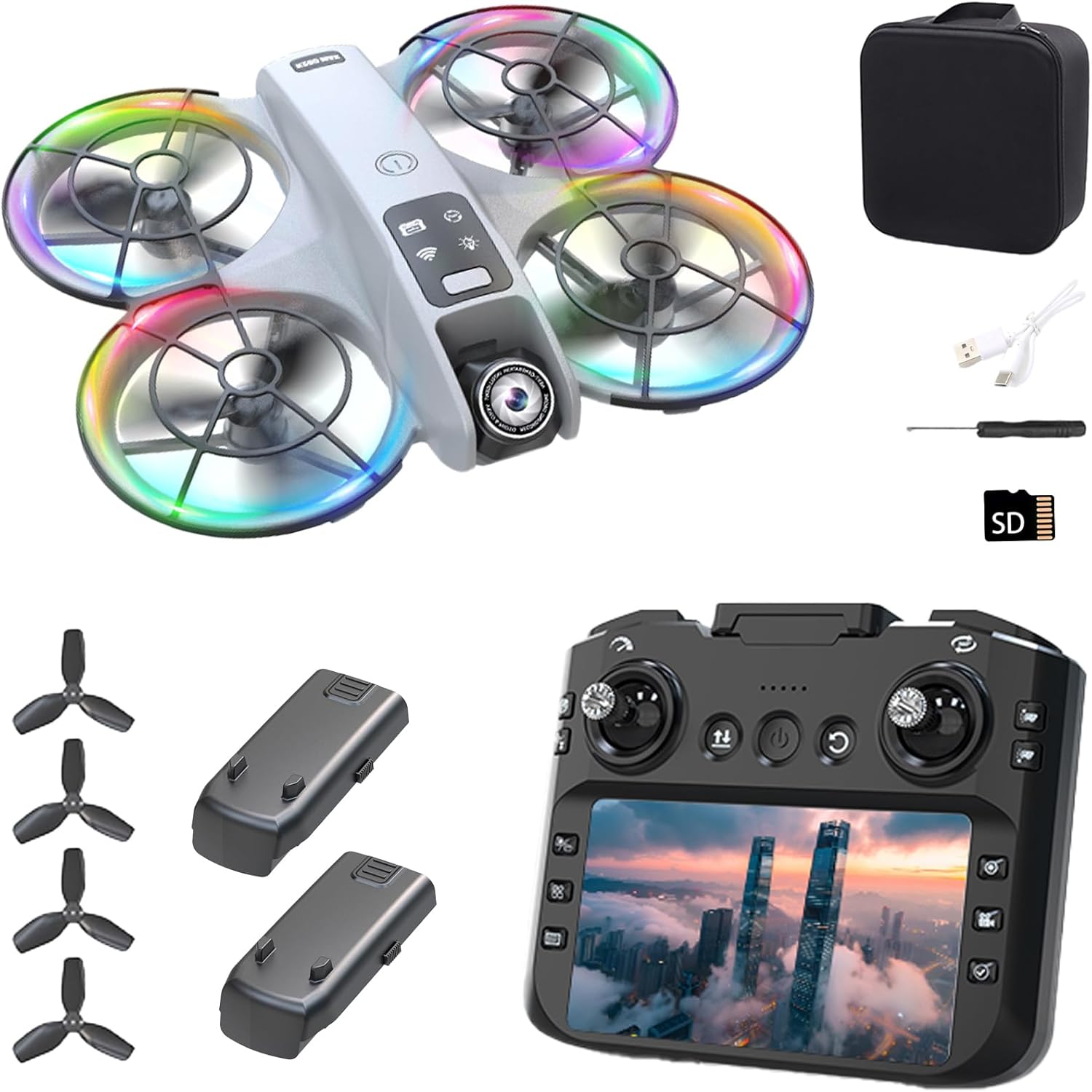 Image showing all components included in the elecci K200 Max Drone package: drone, controller, batteries, propellers, charging cable, screwdriver, SD card, and carrying case.