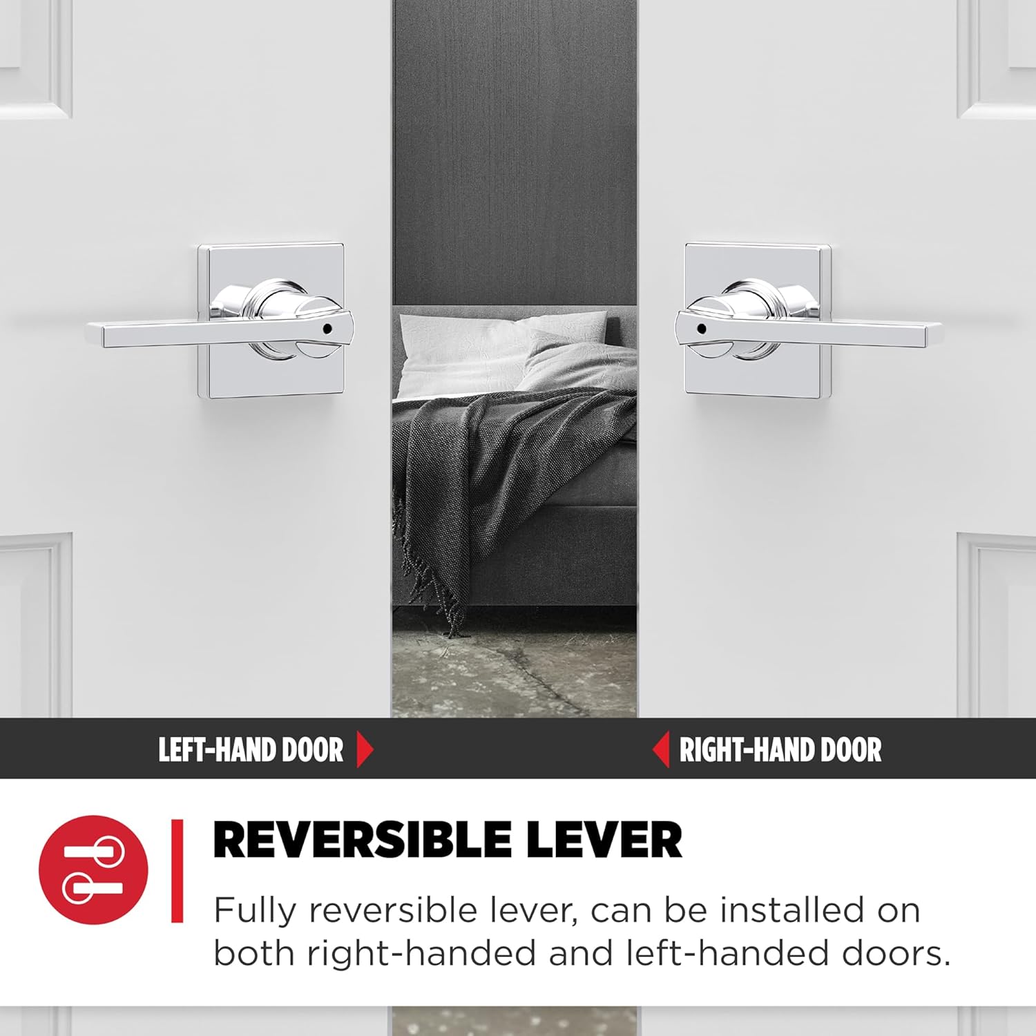 Two Kwikset Casey door handles, one on a left-hand door and one on a right-hand door, demonstrating the reversible lever feature.
