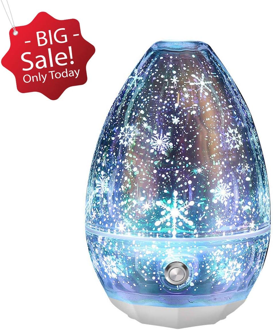 Essential Oil Diffuser, Sancusto 120 ml 3D Glass Ultrasonic Aroma Aromatherapy Humidifier, Waterless Auto-off, 7 Color LED Night Light for Home, Yoga, Office, Spa, Bedroom, Baby Room, Snowflake