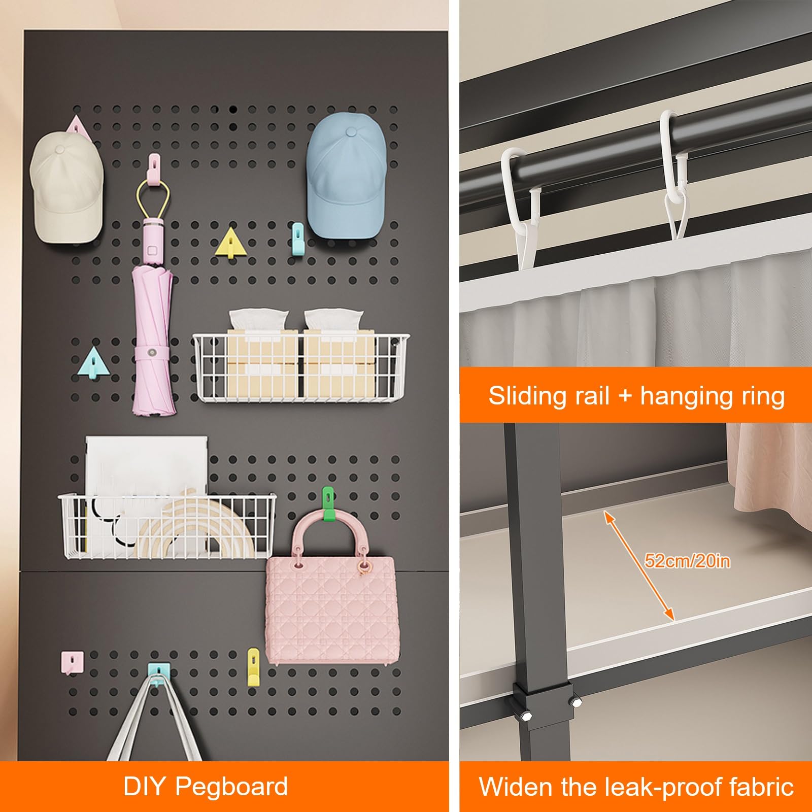 Stoffkleiderschrank mit Abdeckung, Faltbarer Kleiderschrank mit Lochwand zum Selbergestalten, Freistehender Kleiderständer aus Metall zur Aufbewahrung von Kleidung(Right,205cm/81in)