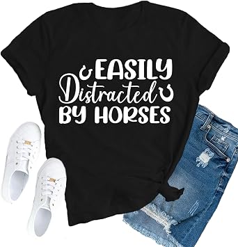 Horse Shirts for Women Western Cowgirl T-Shirts Easily Distracted by Horses Tee Top