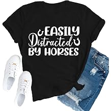 Horse Shirts for Women Western Cowgirl T-Shirts Easily Distracted by Horses Tee Top