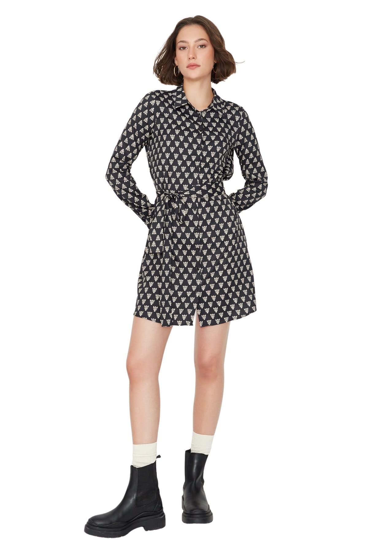 Trendyol Damen Schwarz Woman Midi Shirt Polo Neck Woven Dress Kleid, 42