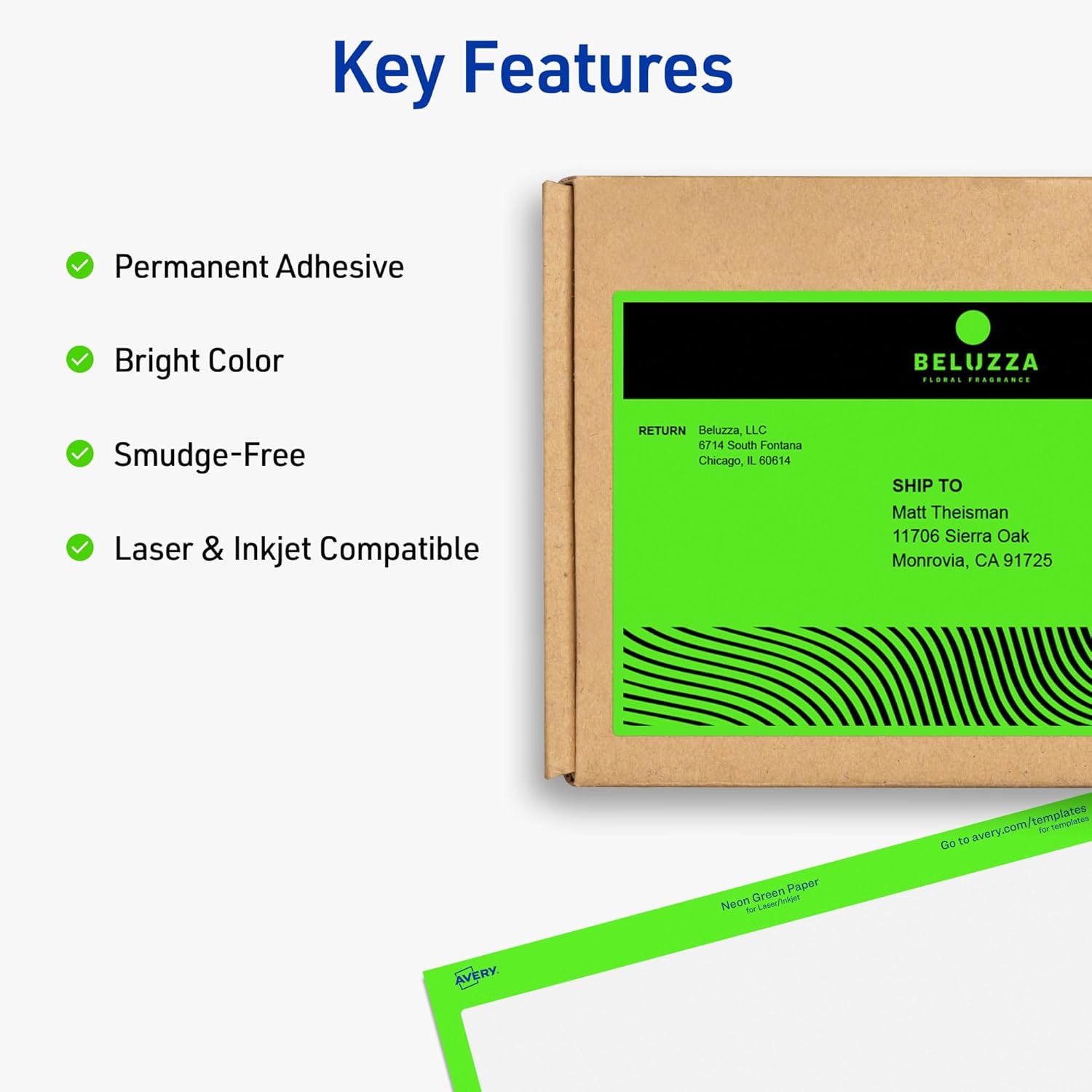 Avery Printable Shipping Labels, 5-1/2" x 8-1/2", Neon Green, Laser & Inkjet Compatible, 200 Blank Labels Total, Great for Branding, Mailing, Organizing, and More (5952)