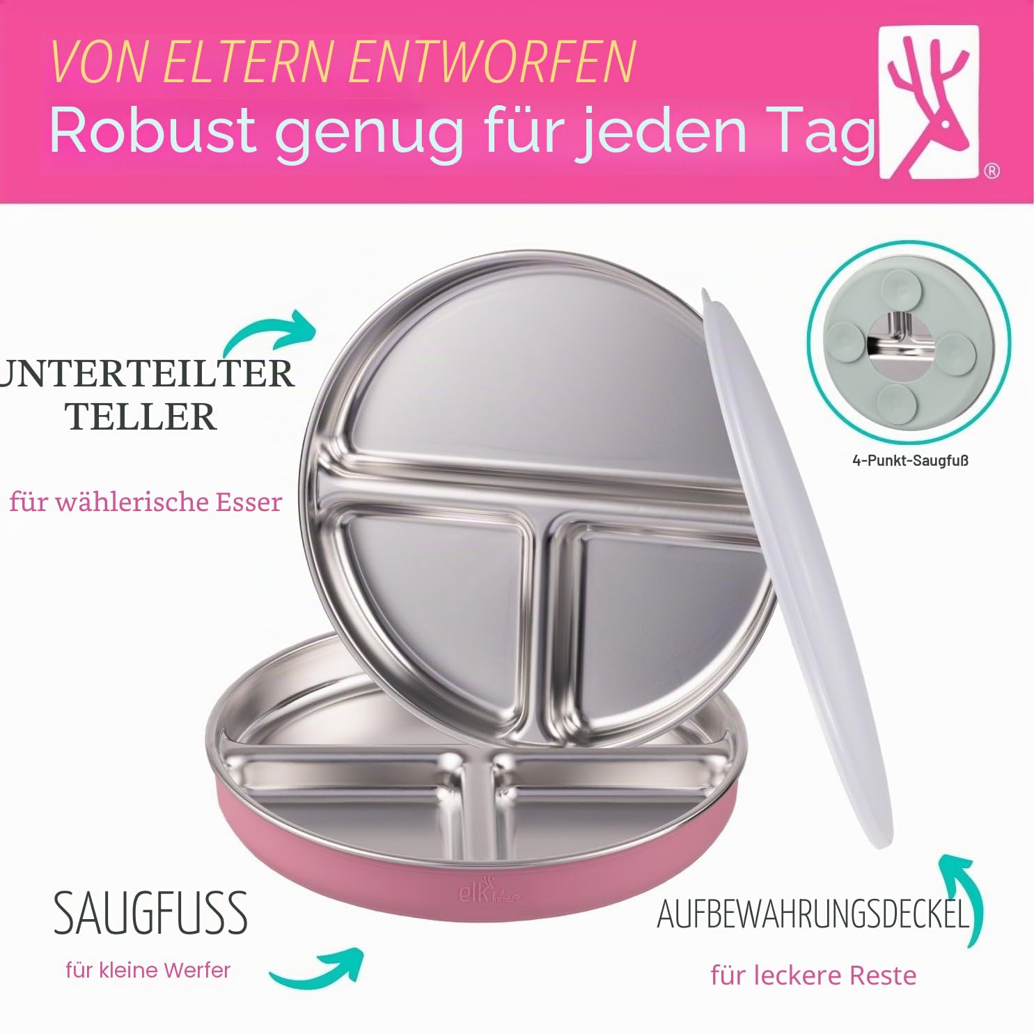 Elk and Friends Kinder Edelstahl Unterteilungsteller mit Silikon-Saugnapf-Hüllen | Deckel inklusive | Für Babys & Kleinkinder | Spülmaschinenfest | Rutschfestes Geschirr | Snackteller | 2er Set