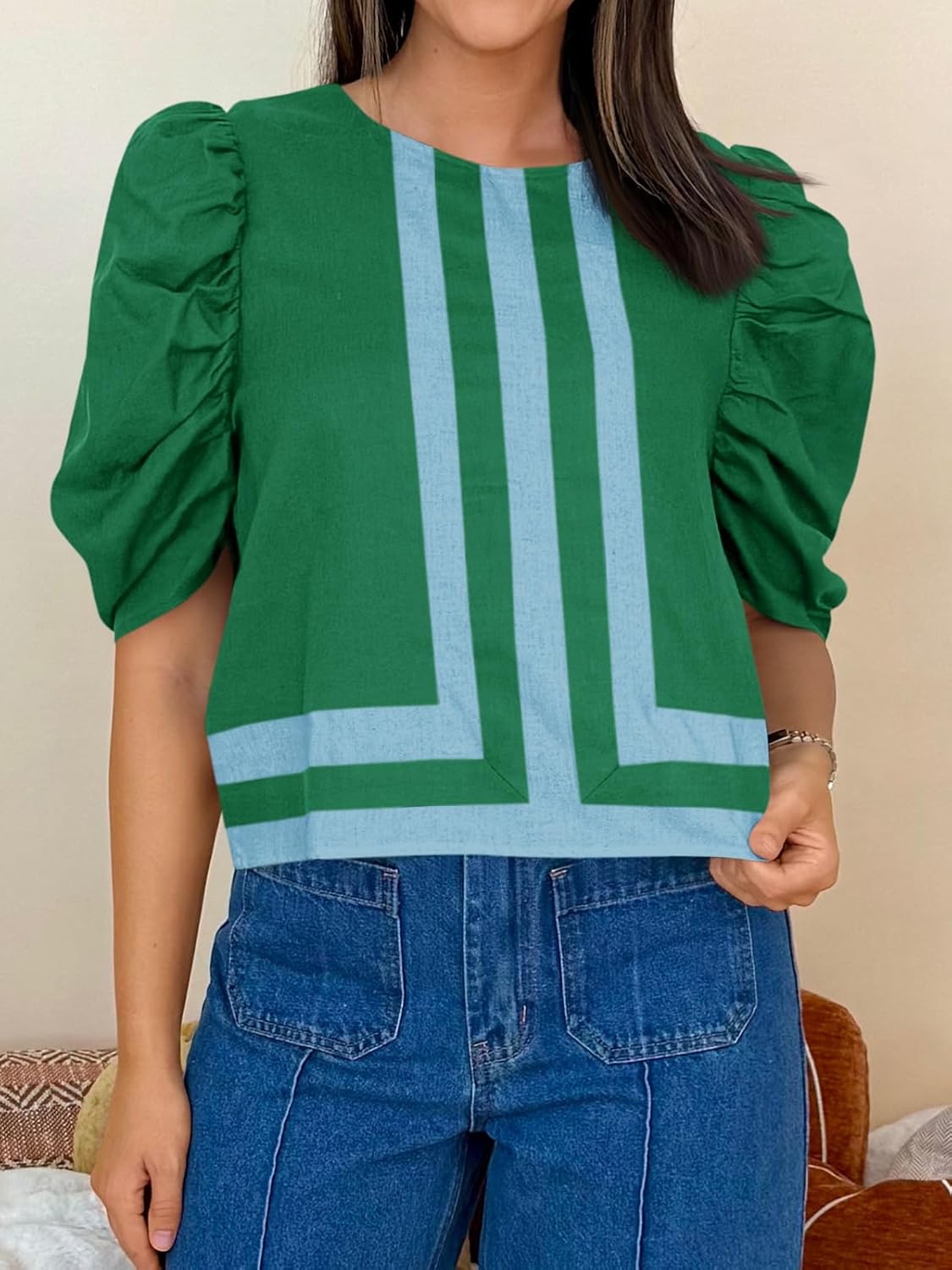 Cicy Bell Womens Summer Puff Sleeve Blouses Striped Color Block Cropped Tops Casual Round Neck Shirts - Image 2