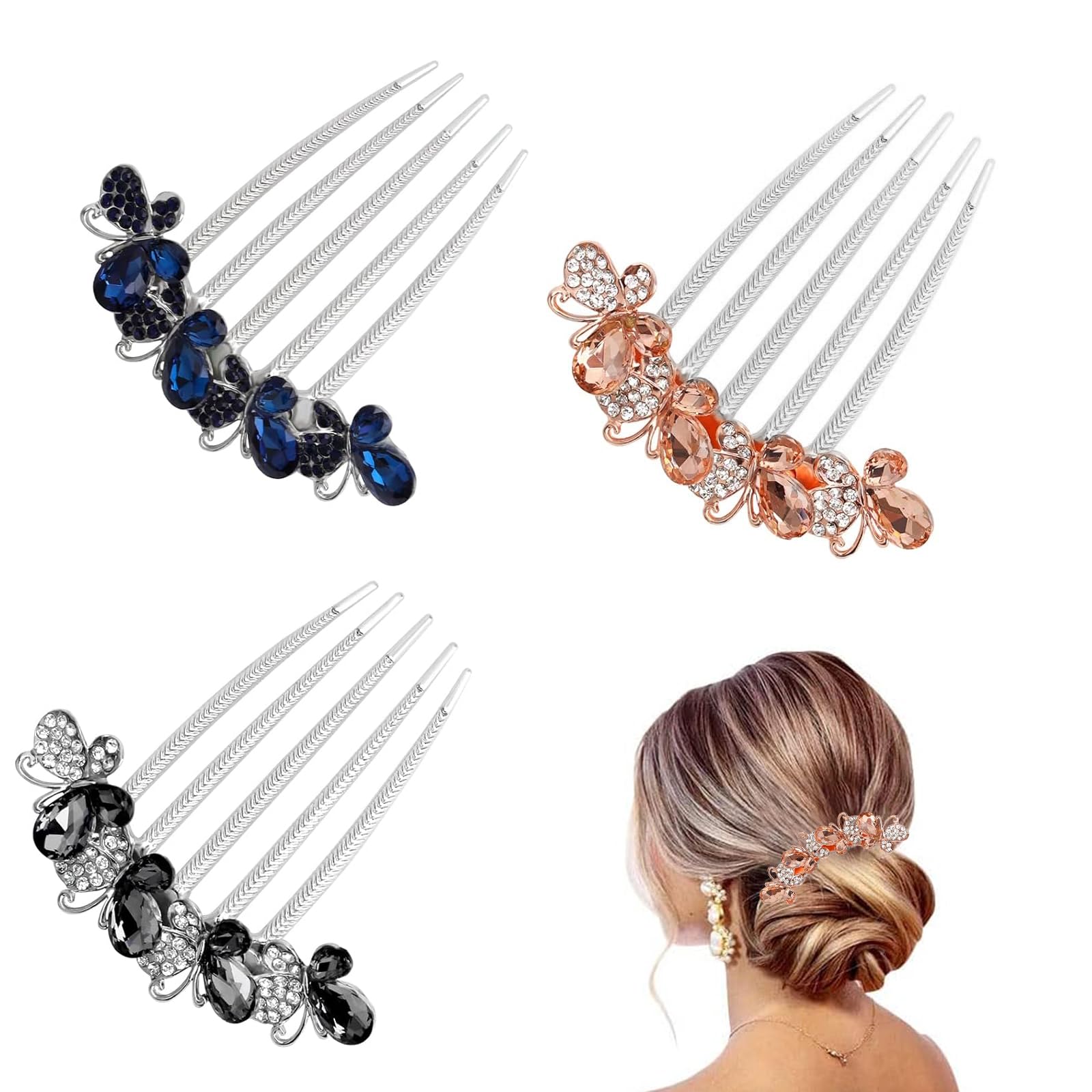 3 Pezzi Strass Pettine Cristallo - Farfalle e Fiori per Capelli da Sposa - Accessorio con Strass per Donne e Ragazze