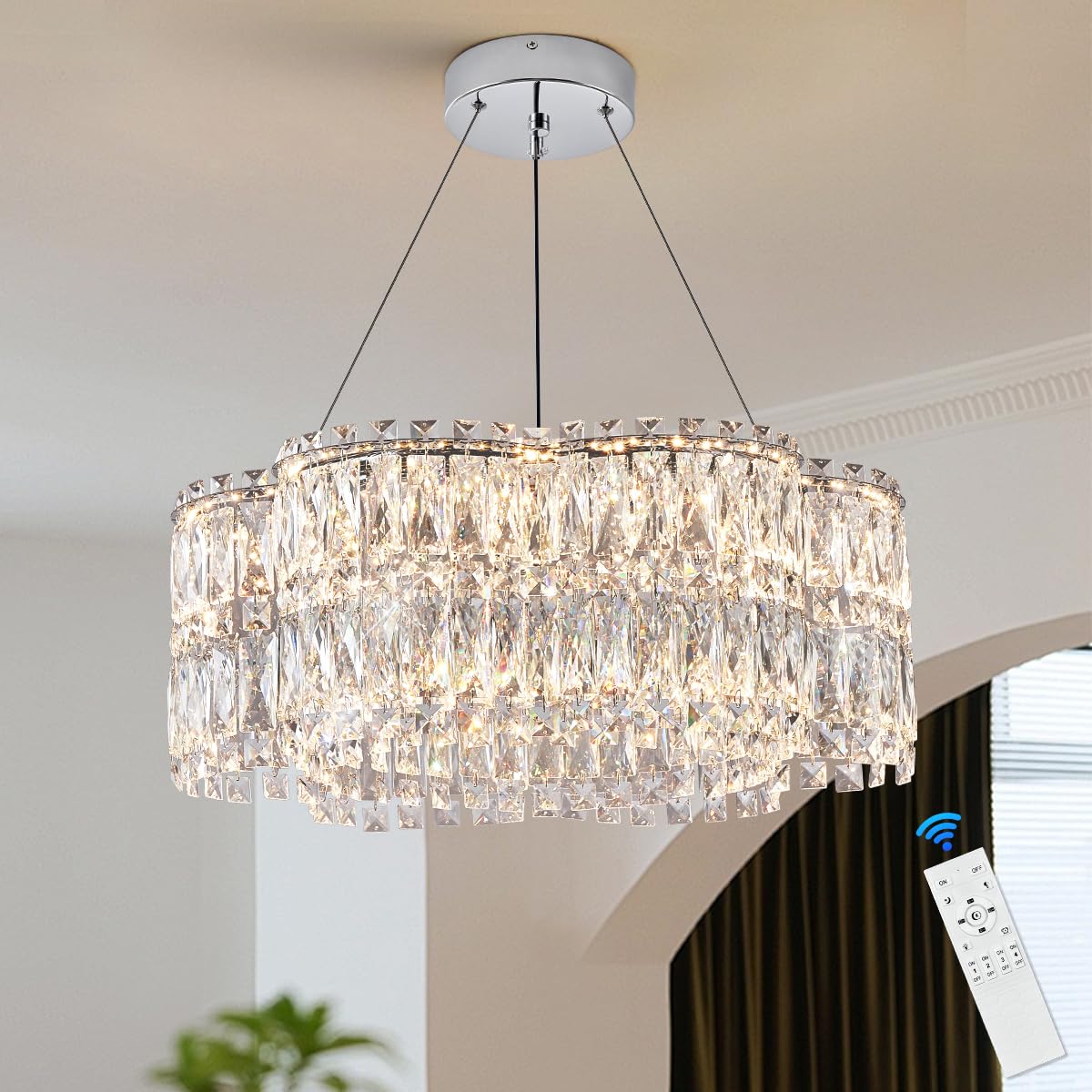 Photo 1 of Poemoon 24’’ Crystal LED Chandelier with Remote Control Dimmable 3000-6500K Contemporary Luxury Chandeliers Modern Chrome Light Fixture for Dining Living Room Kitchen Island Foyer Entryway