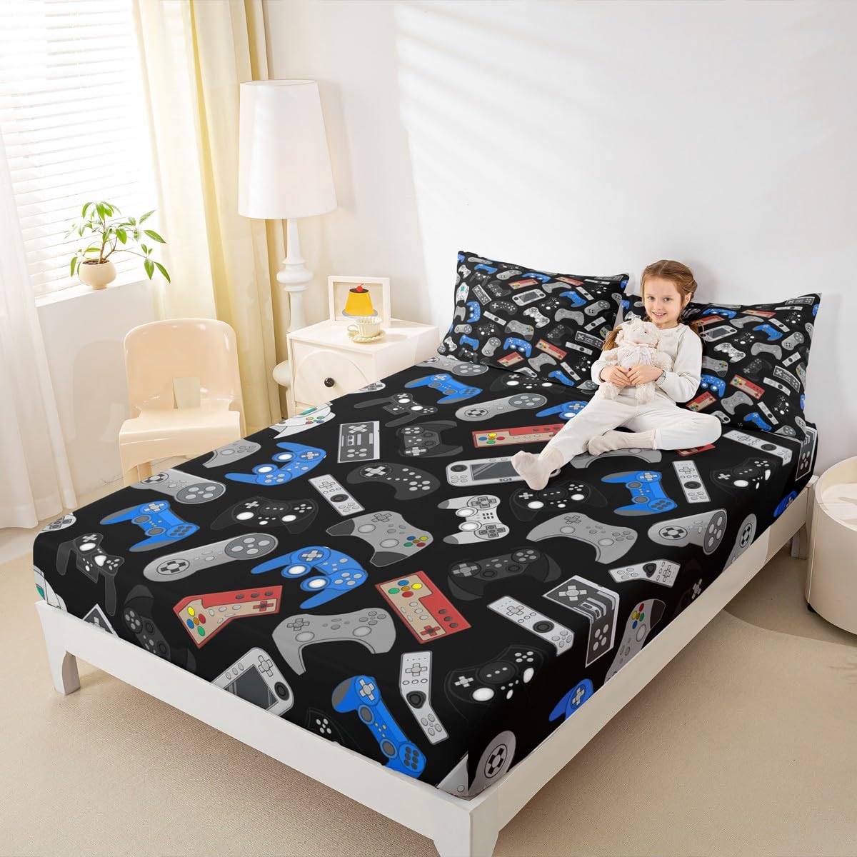 Teens Gamepad Fitted Sheet Modern Gamer Fitted Bed Sheet Twin Size for Kid Boy Children Video Game Bedding Set Player Gaming 2 Piece Bedding Decor Set Breathable Decorative Room(No Flat/Top Sheet)-image-5