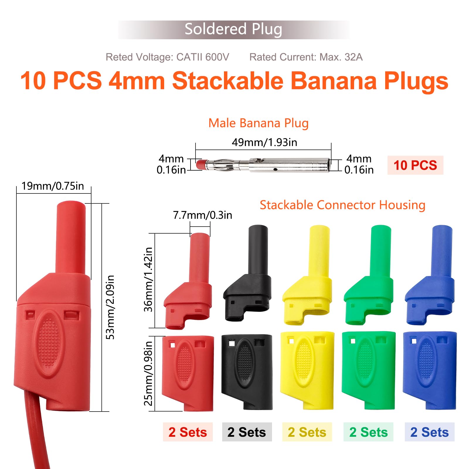 Connettori a Banana Impilabili da 4 mm, Isolati, 10 Pezzi, 5 Colori, per Multimetro e Sonde