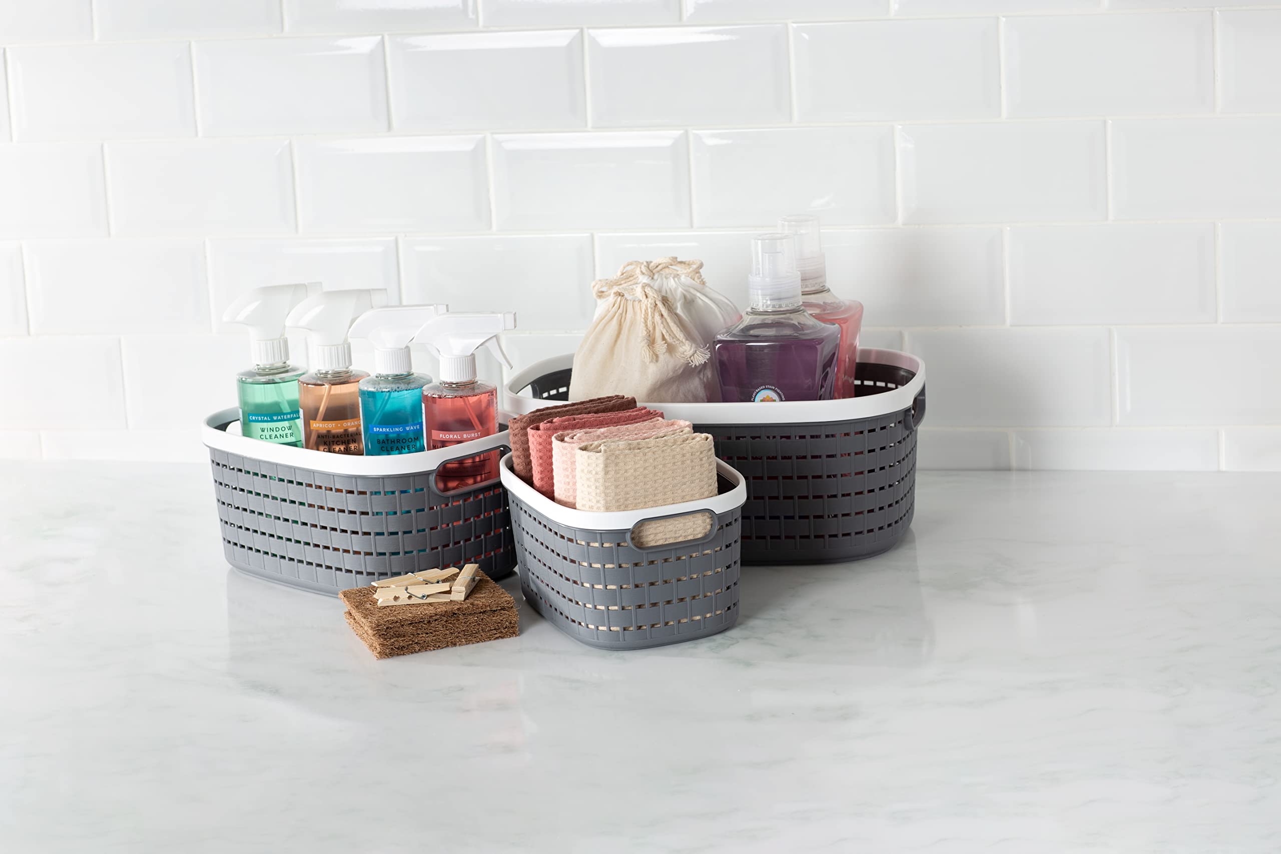 Livivo Grey Set Of 3 Storage Basket Ulana – Stackable Bpa Free Multipurpose Organiser Bins For Kitchen, Bathroom, Living Room, Bedroom, Desk, Makeup, Cosmetics, Home & Office (Large)