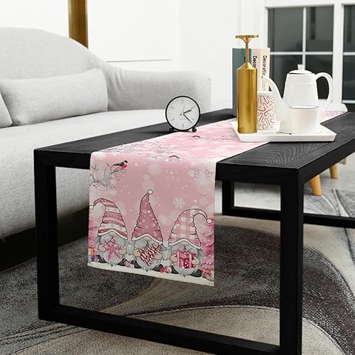 Miniatura 5 de Camino de mesa de gnomos de Navidad de temporada de 70 pulgadas de largo para decoración de mesa de comedor, camino de mesa de lino y algodón,