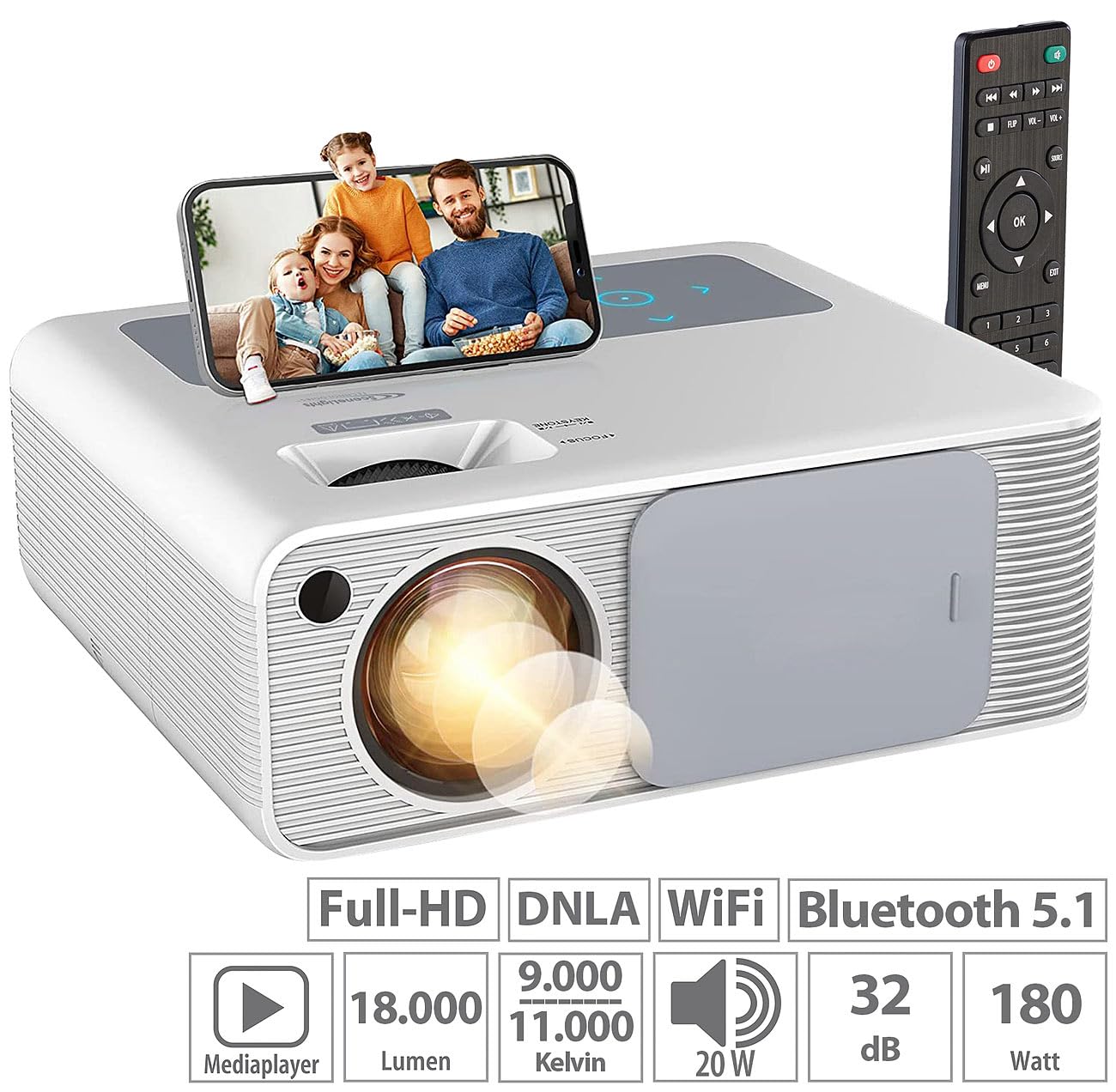 proyector con Reproductor Multimedia: WLAN-LED-LCD-Proyector, para Fire TV y Apple TV, Reproductor Multimedia, 1920 x 1080 píxeles (Full HD) (para Cine en casa, de Video)