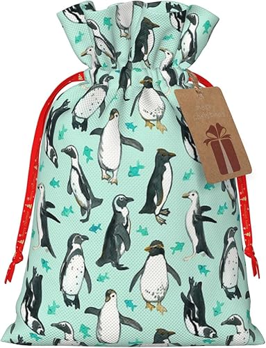 Lindas bolsas de regalo con cordón de pingüinos de Navidad con etiquetas, en 2 tamaños, bolsa de regalo de Papá Noel de Navidad para fiesta de