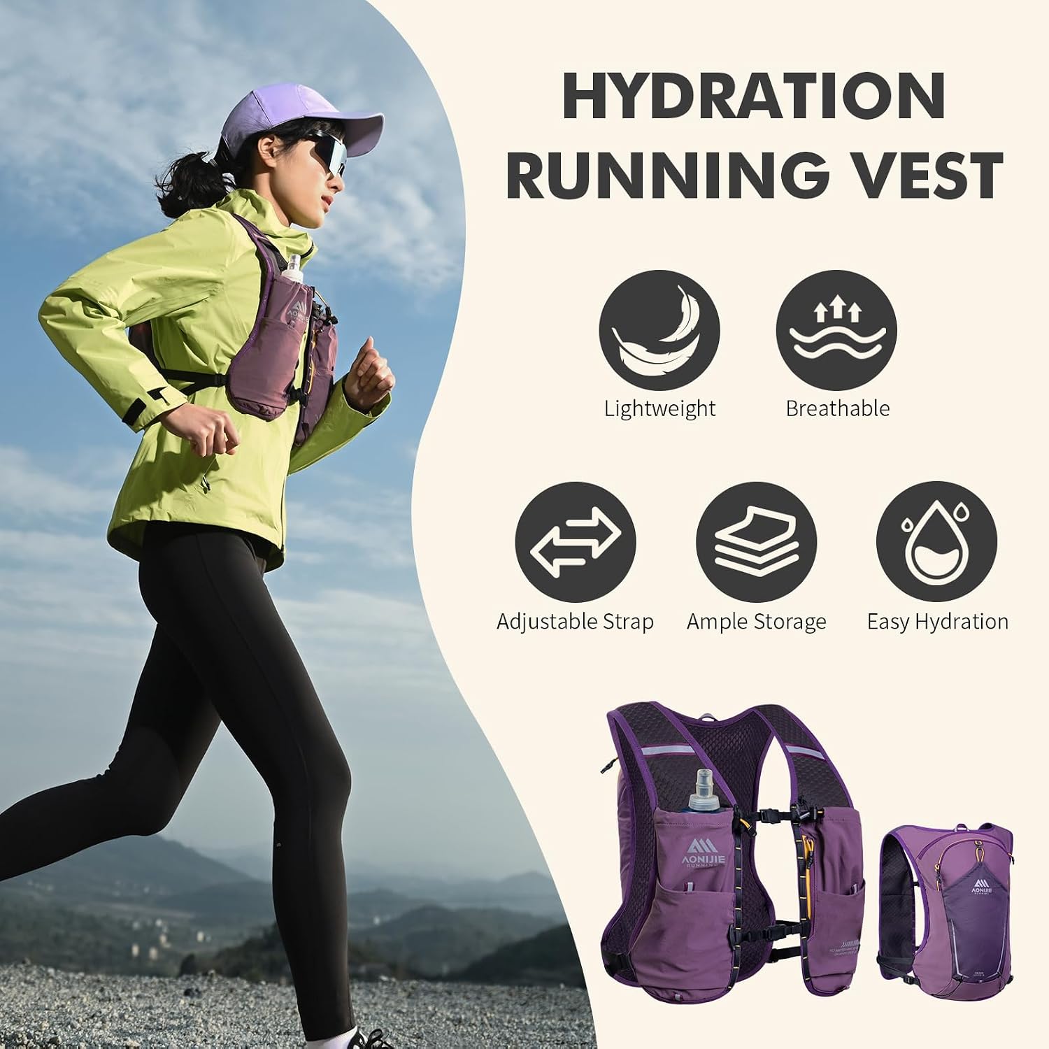 AONIJIE Running Hydration Vest for Men & Women, 8L Hydration Backpack with 500ml Soft Flask Water Bottle
