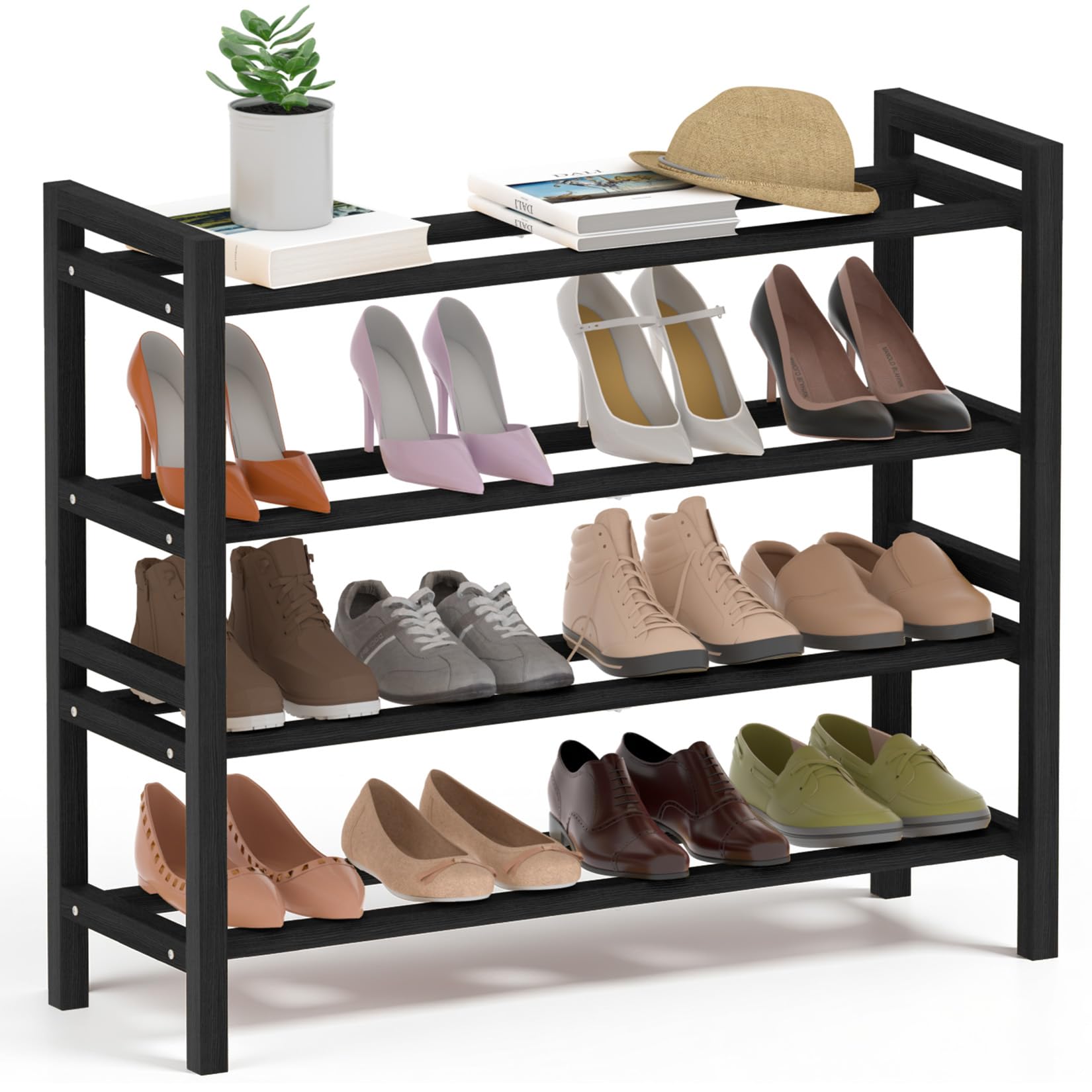 Bamboo Shoe Rack for Closet, Free Standing Shoe Organizer,Black, 4-Tier