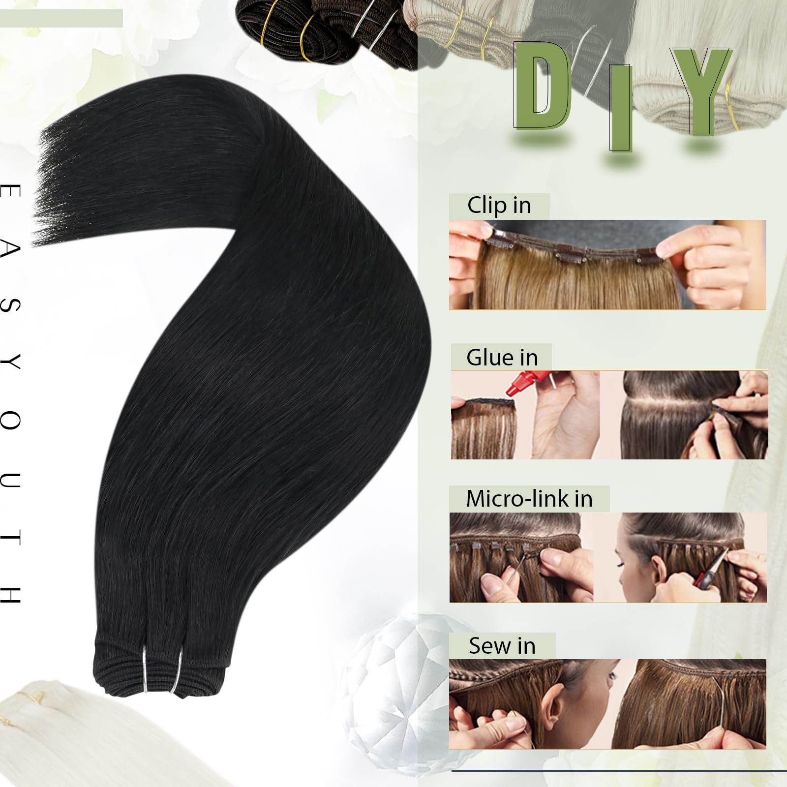 Easyouth Weft Hair Extensions Real Human Hair Black Sew in Hair Extensions Real Human Hair Jet Black Double Weft Human Hair Extensions 24 Inch 100g - Image 4