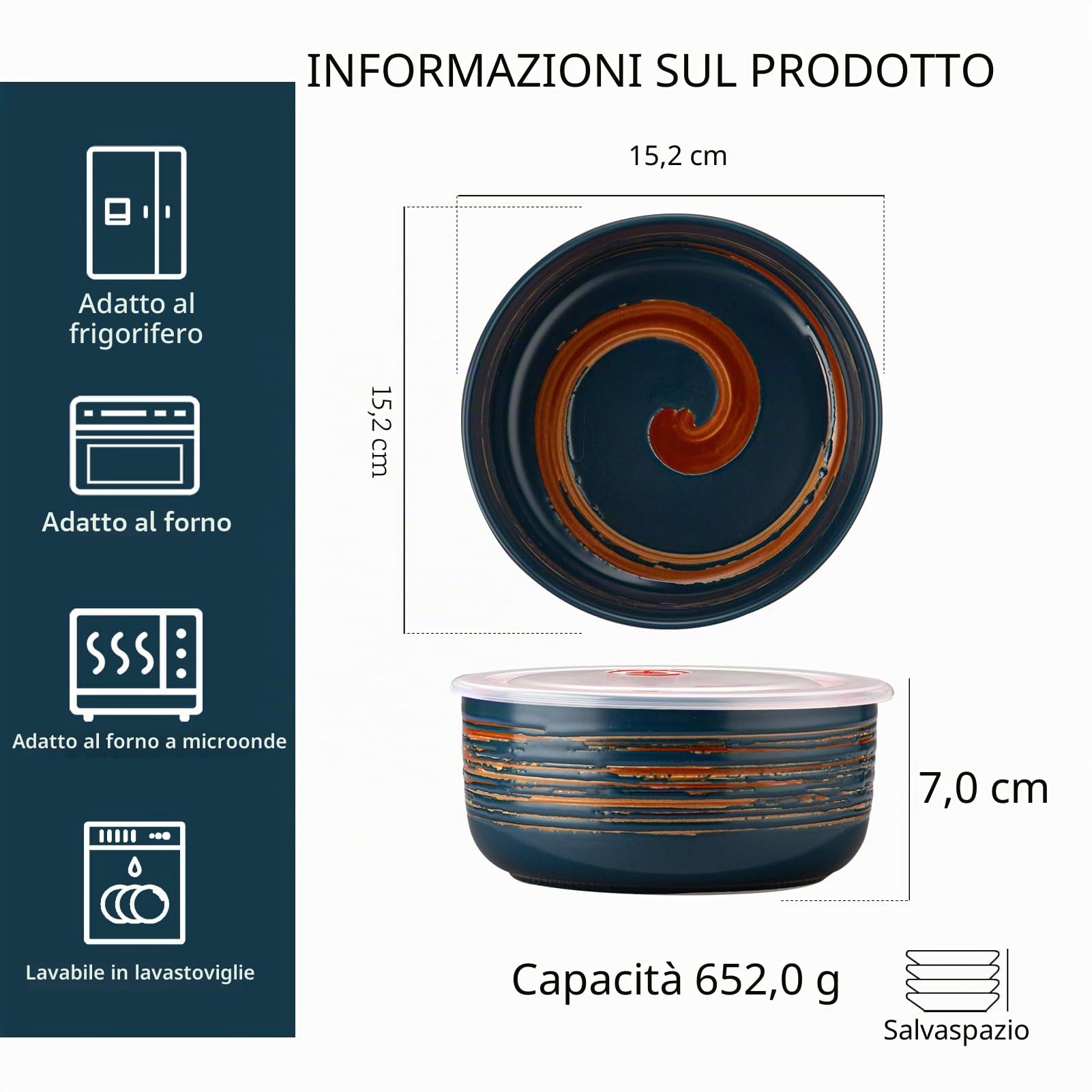 YUN TAO - Set di ciotole in porcellana con coperchio - 15 cm, capacità 650 ml, multicolore - Adatto al microonde, coperchi ermetici per pranzo, picnic, insalata e conservazione degli alimenti